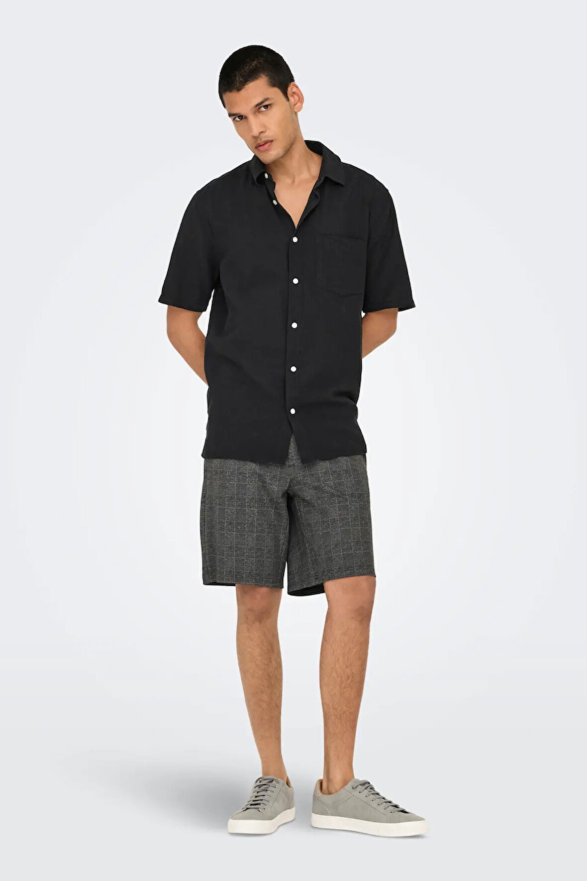 Only & Sons Erkek Onscaıden Kısa Kollu Tek Cepli Keten Gömlek 22031805 Siyah