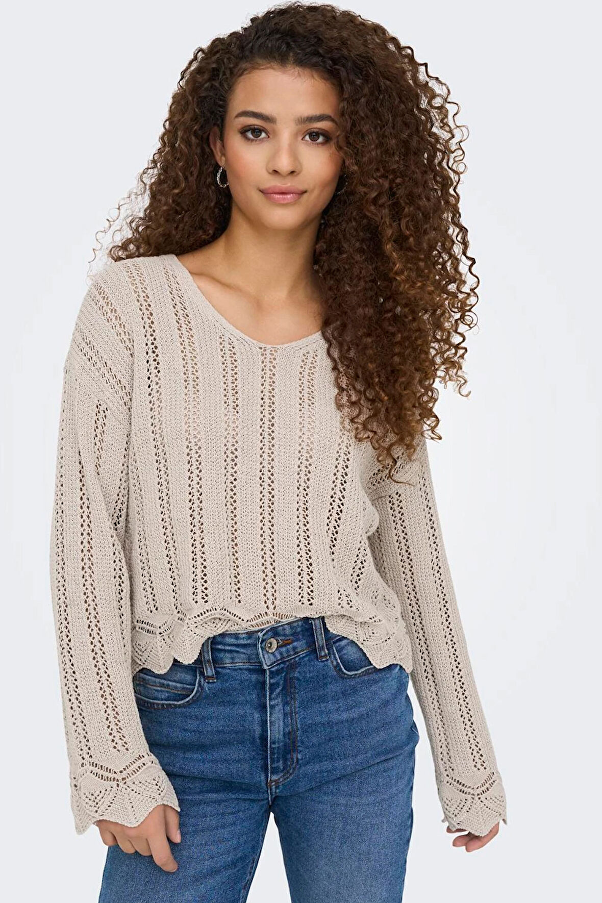 Only Kadın Regular Fit V Yaka Bej Örme Kazak - 15339529
