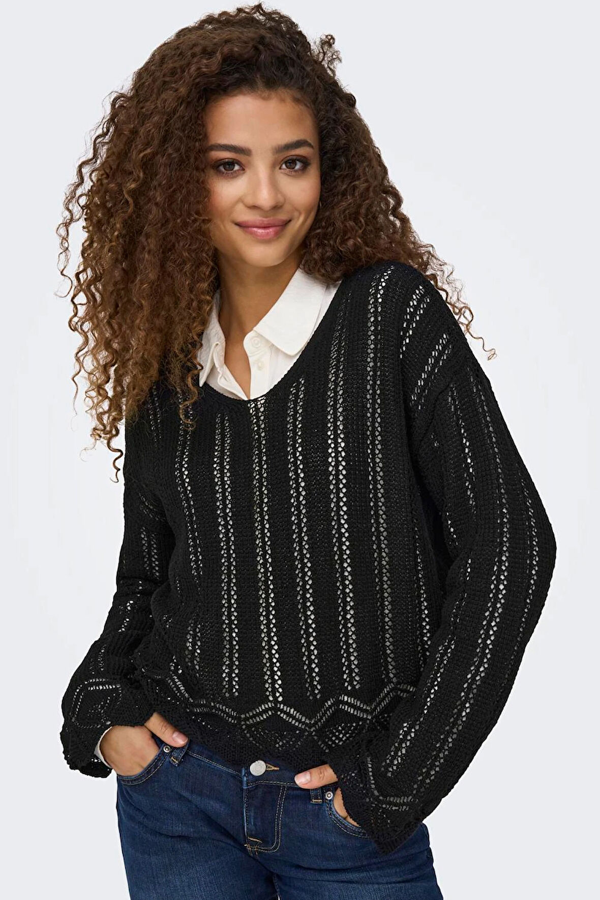 Only Kadın Regular Fit V Yaka Siyah Örme Kazak - 15339529