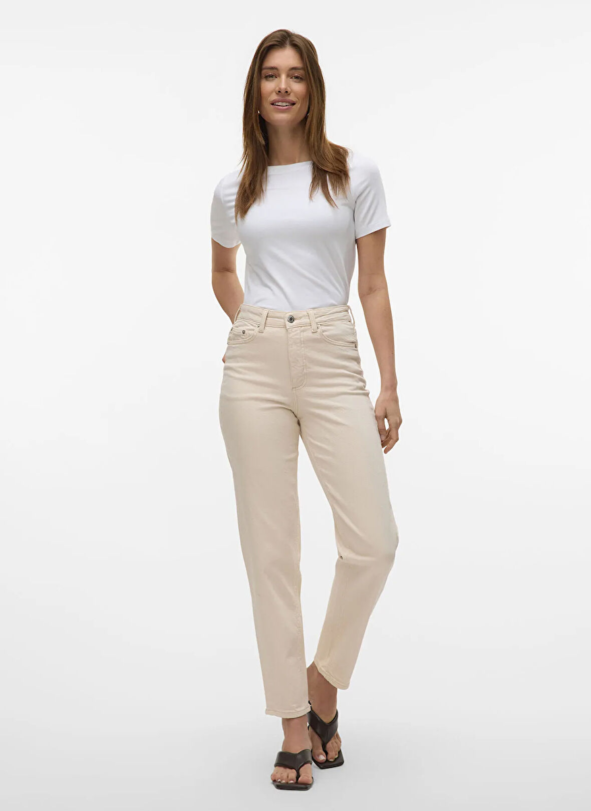 Vero Moda Yüksek Bel Düz Paça Mom Fit Ekru Kadın Denim Pantolon VMTESSA HR MOM JEANS ECRU GA