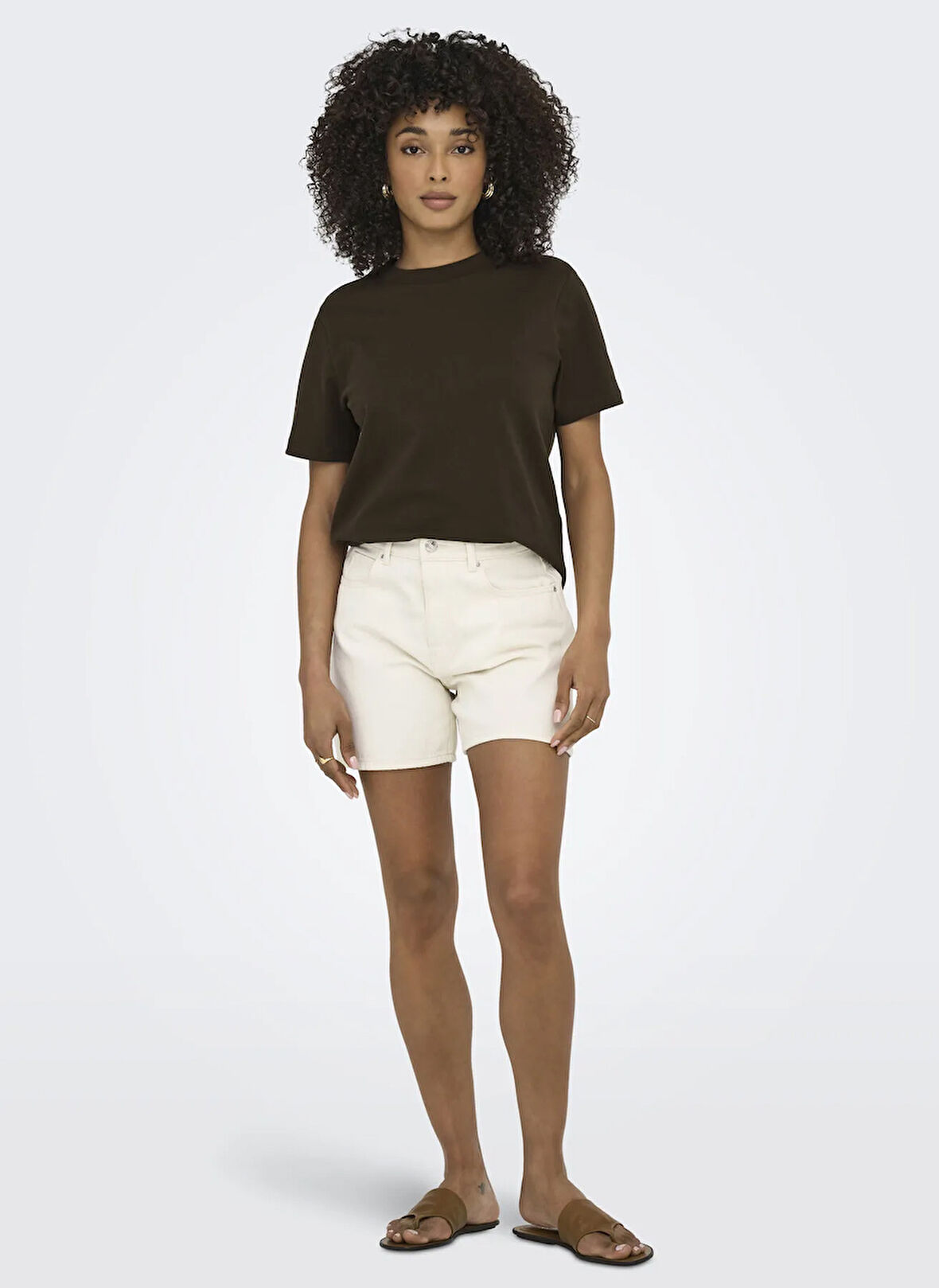 Only O Yaka Düz Kahve Kadın T-Shirt ONLMONJA LIFE S/S TEE JRS NOOS