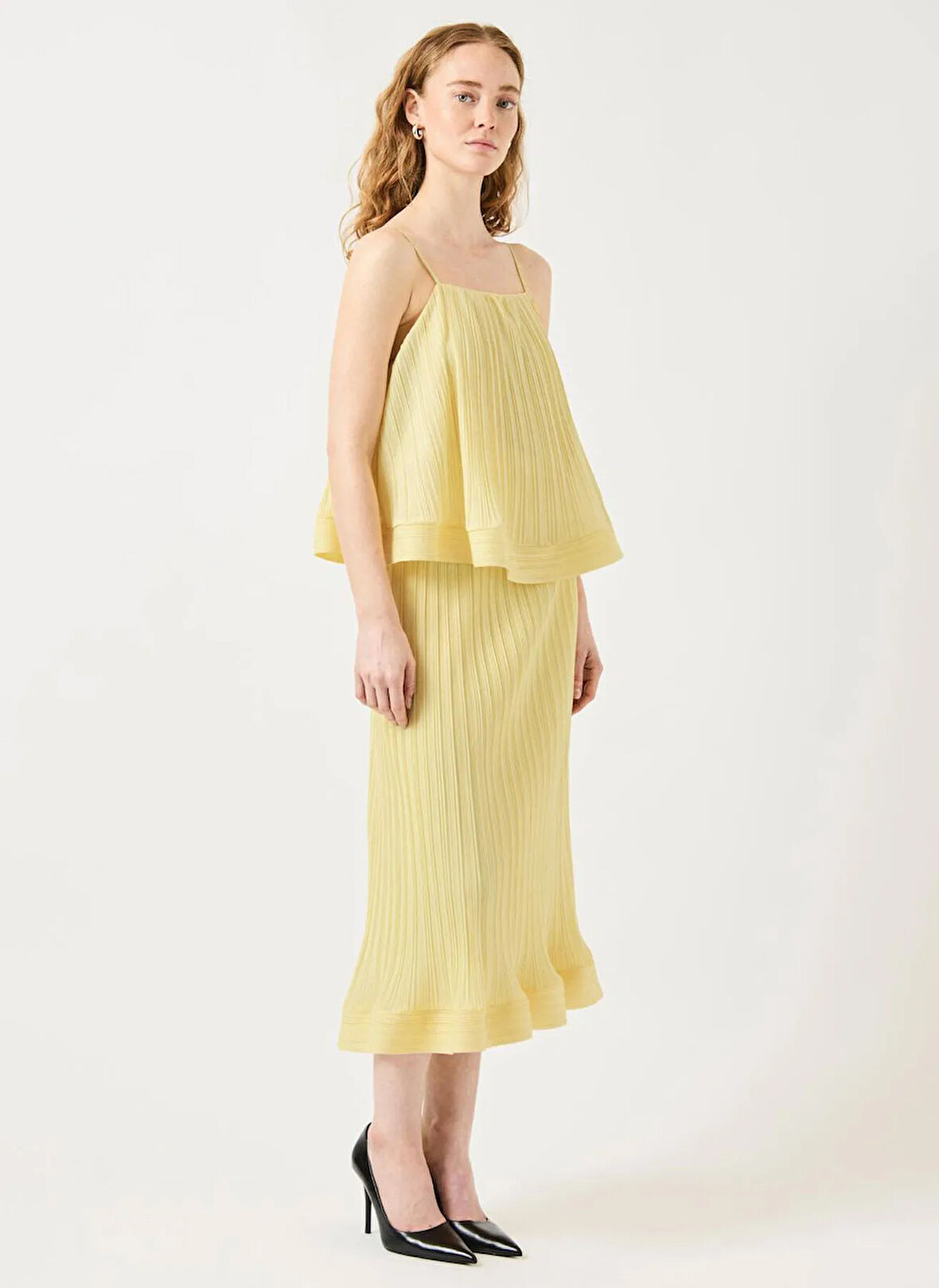 Yas Pilise Yarım balıkçı Yaka Düz Açık Sarı Kadın Gömlek YASRIVA HW MIDI SKIRT - SHOW