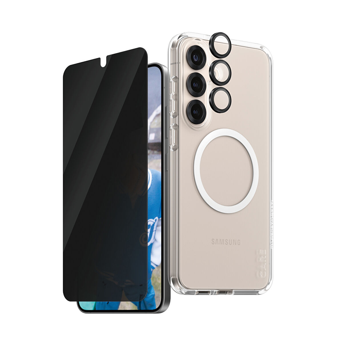 CARE by PanzerGlass Flagship Samsung Galaxy S25+ 3'lü Çerçeve Aparatlı Gizli/Hayalet Ekranlı Set