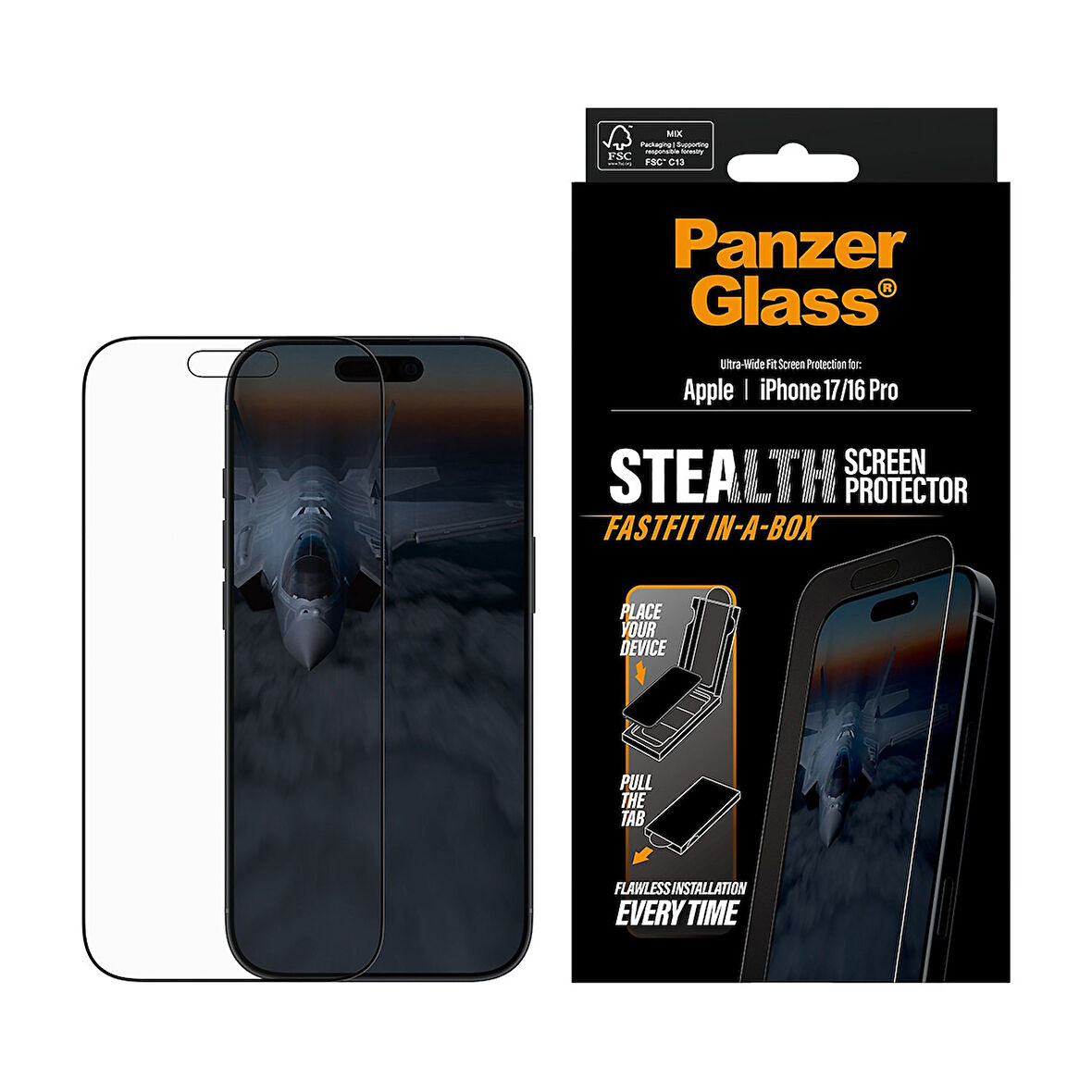 PanzerGlass® Stealth Siyah Çerçeveli Ekran Koruyucu iPhone 17 | iPhone 16 Pro | Ultra-Geniş Uyumlu | Fastfit in-a-box