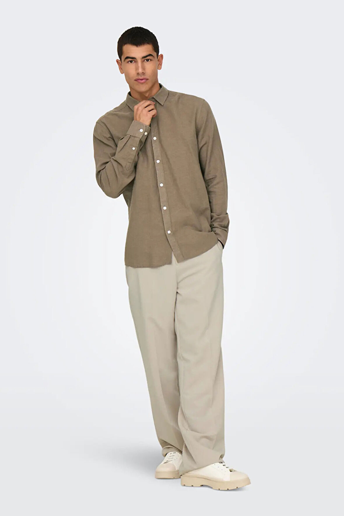 Only & Sons Erkek Onscaiden Slim Fit Keten Gömlek 22012321 Kahverengi