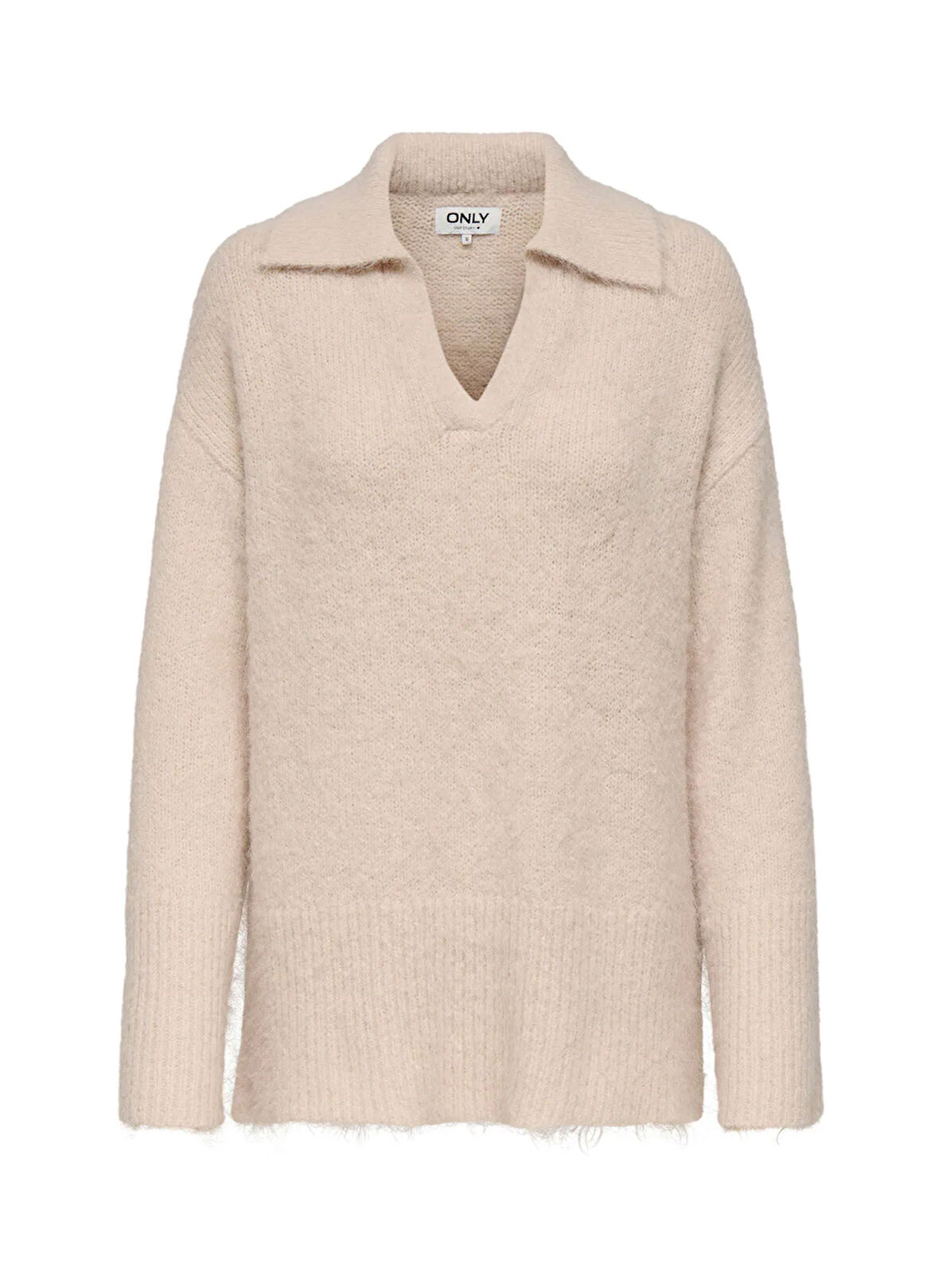 Only V Yaka Rahat Düz Krem Kadın Kazak ONLMAGGIE LIFE LS POLO CC KNT