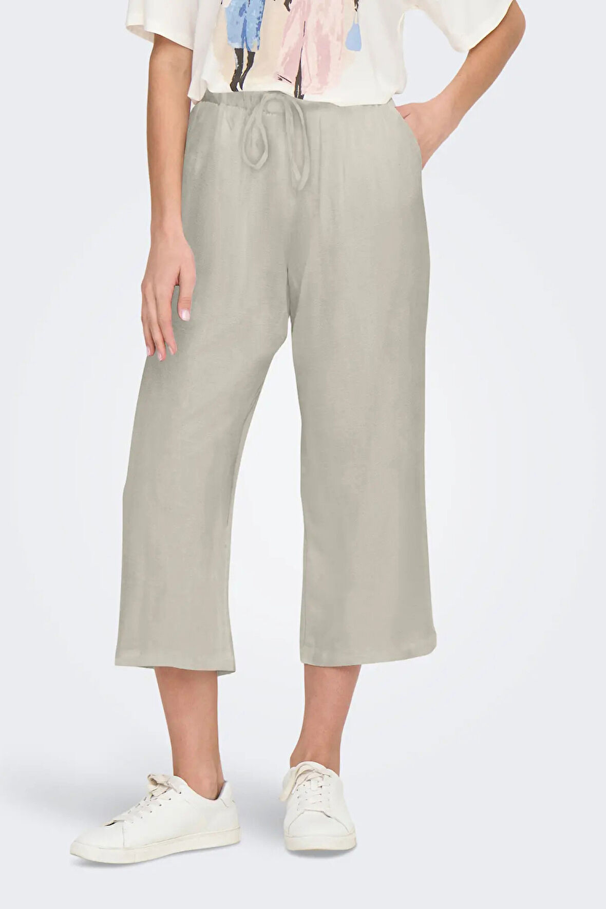 Only Kadın Onlsıesta Rahat Kesim Beli Lastikli ve İp Detaylı Keten Pantolon 15344603 Bej