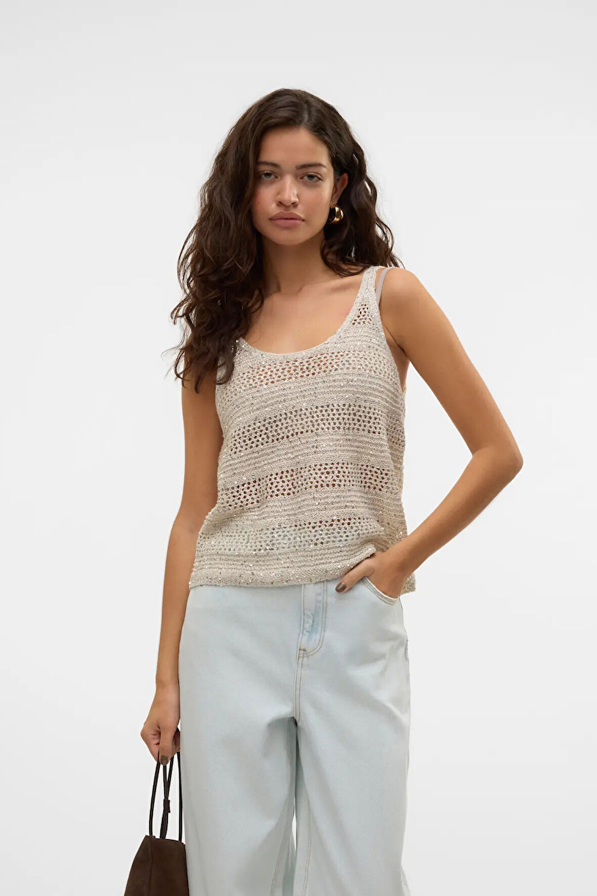 Vero Moda Kadın Coll Payetli Kolsuz Mevsimlik Kazak 10327759 Bej