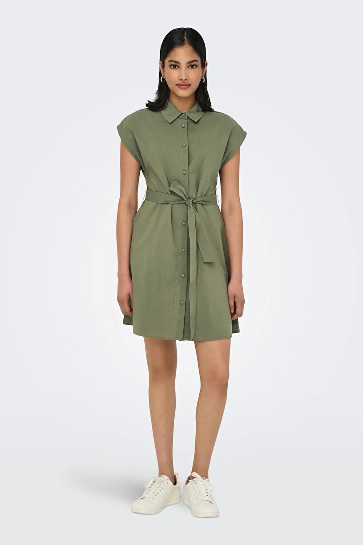 Only Kadın Onllou Belden Bağlamalı Diz Üstü %100 Pamuk Elbise 15348203 Haki