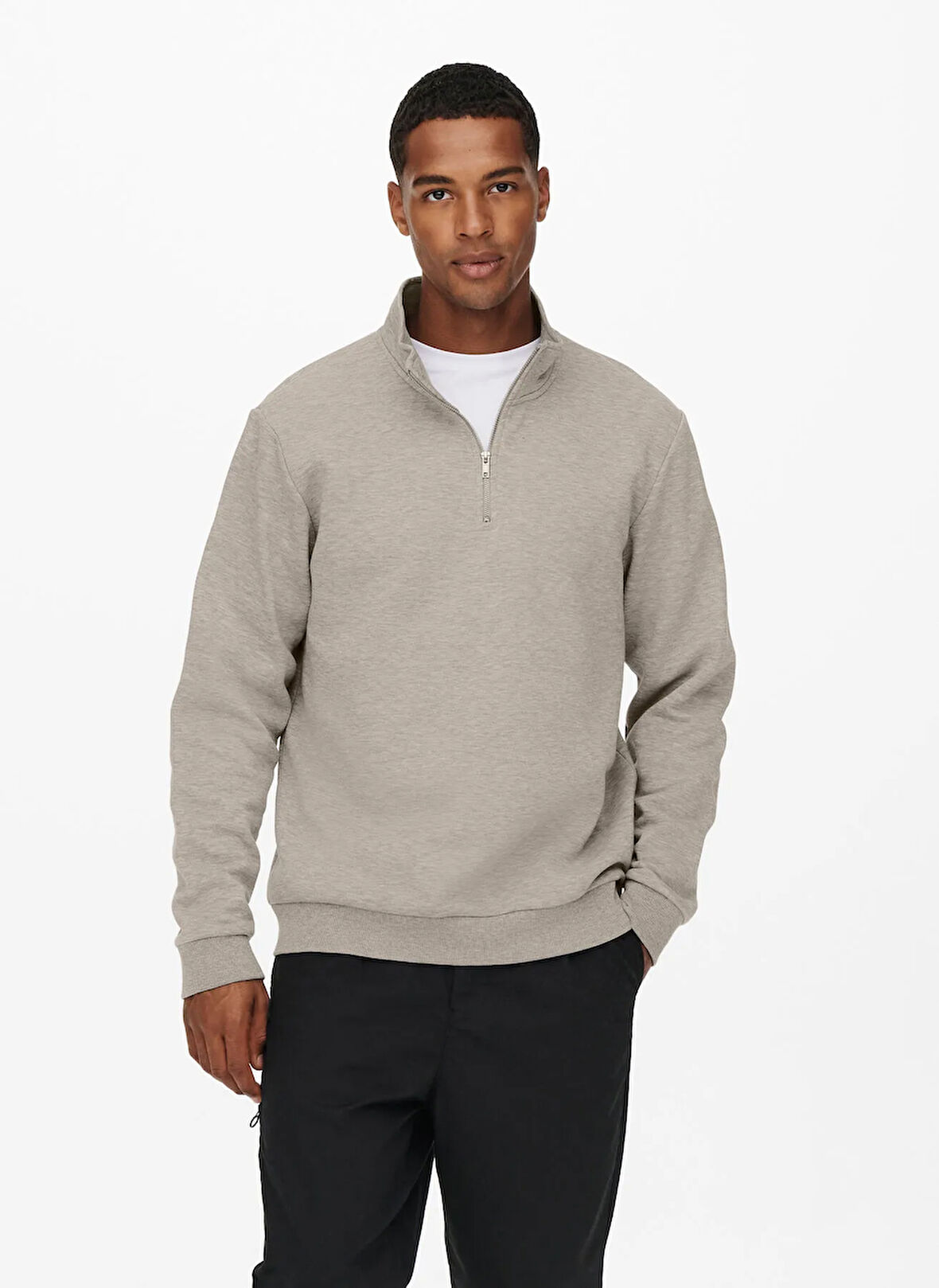Only & Sons Yüksek Yaka Ekru Erkek Sweatshırt ONSCERES HALF ZIP SWEAT NOOS