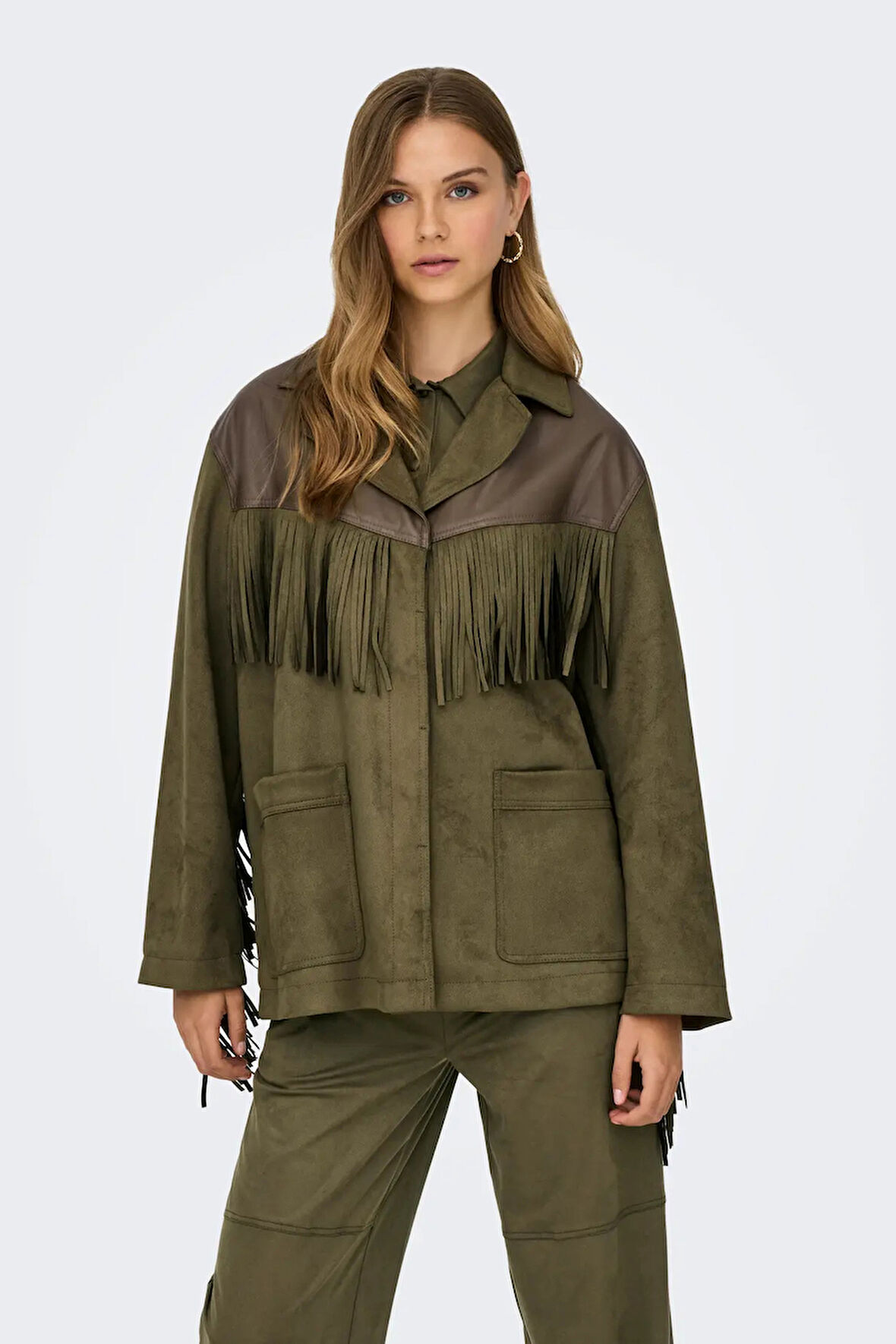 Only Kadın Onlfrange Püskül Detaylı Nubuk Ceket Mont 15351944 Haki