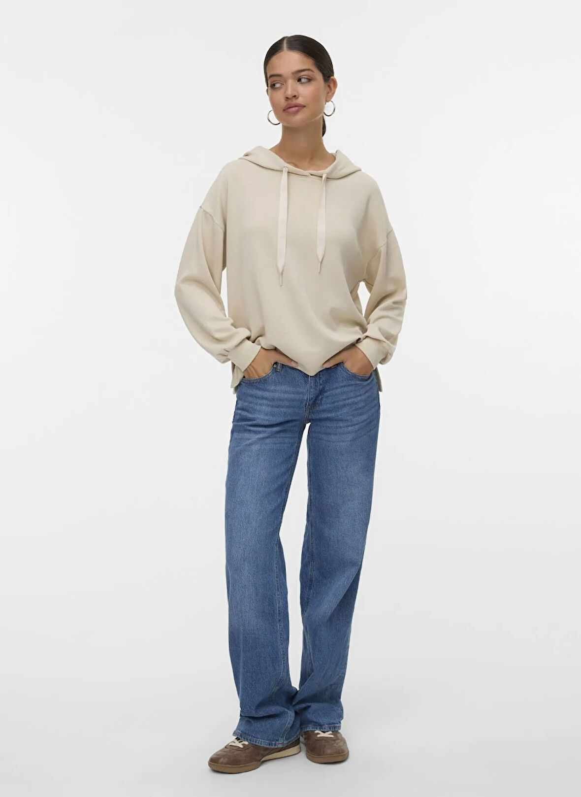 Vero Moda Kapüşon Yaka Düz Krem Kadın Sweatshırt VMHALI LS HOODIE JRS GA BOO