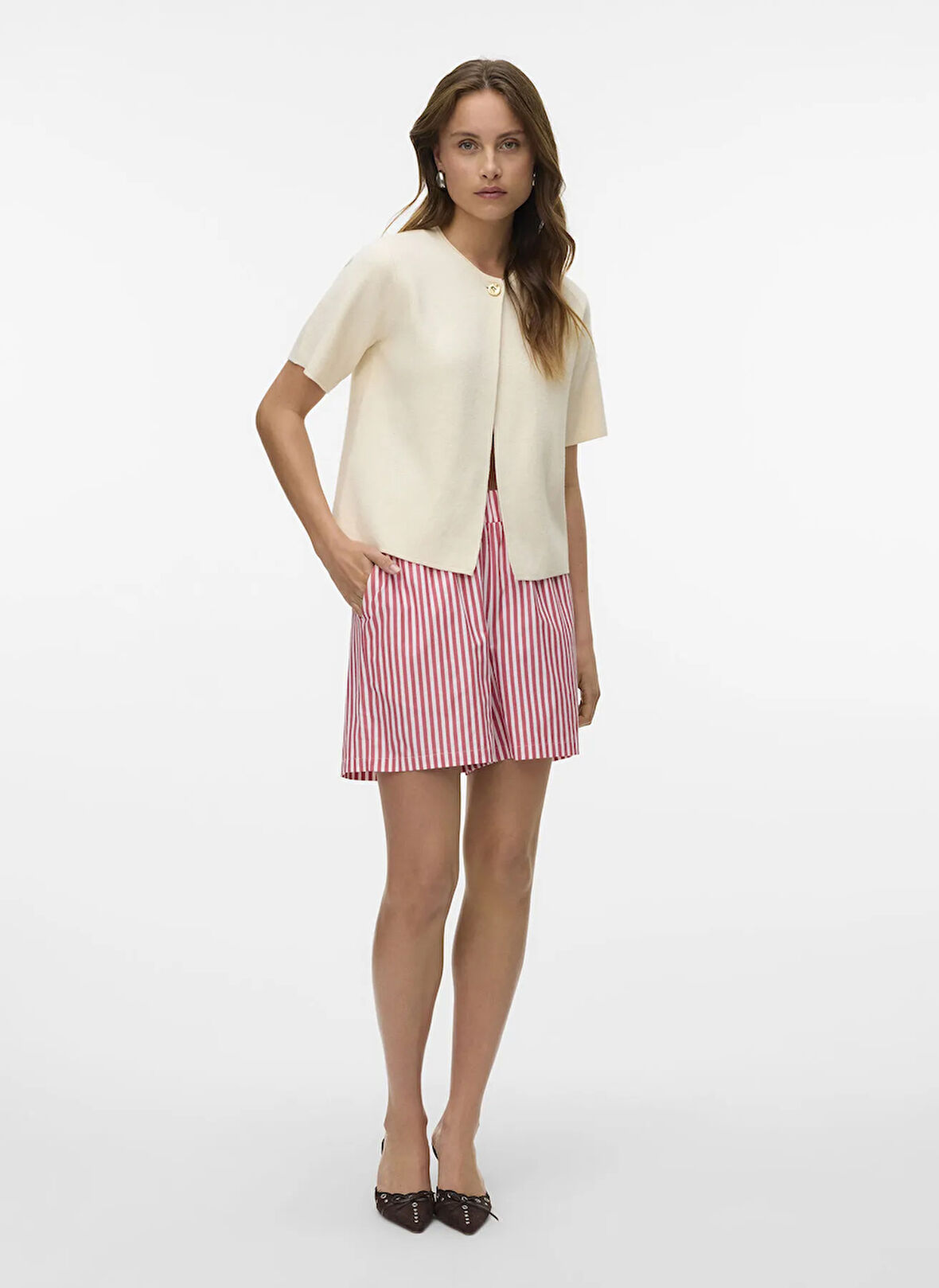 Vero Moda Bisiklet Yaka Normal Krem Kazak Kadın VMGOLD SS O-NECK ONE BUTTON CARDIGA