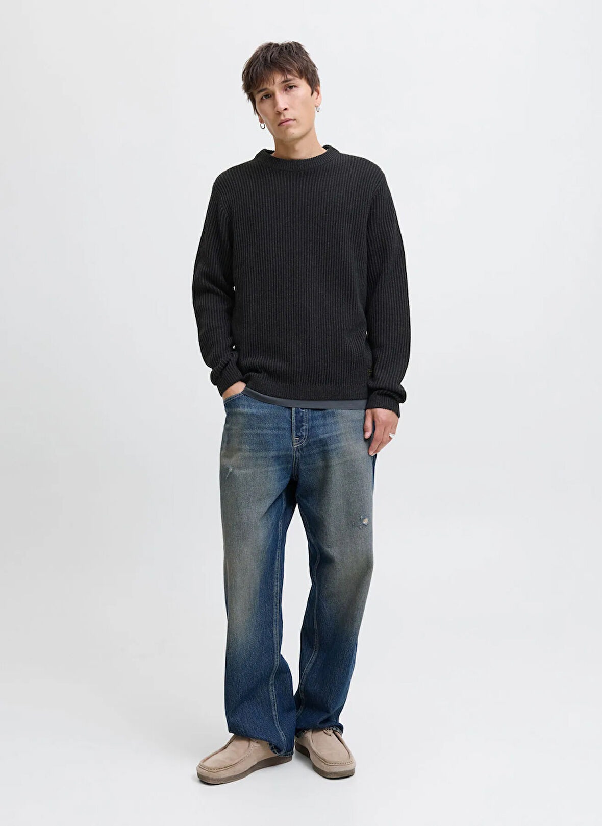Jack & Jones Bisiklet Yaka Normal Siyah Erkek Kazak 12278816_JJEDOVER KNIT CREW NECK SN