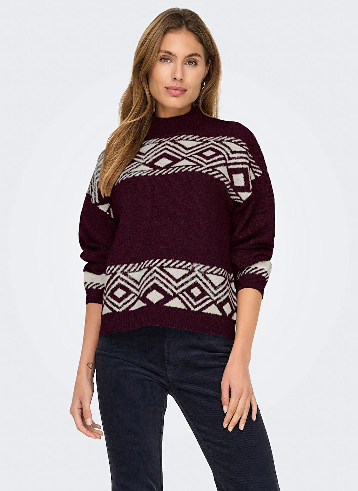 Only O Yaka Rahat Desenli Bordo Kadın Kazak ONLVICTORIA L/S PULLOVER KNT NOOS
