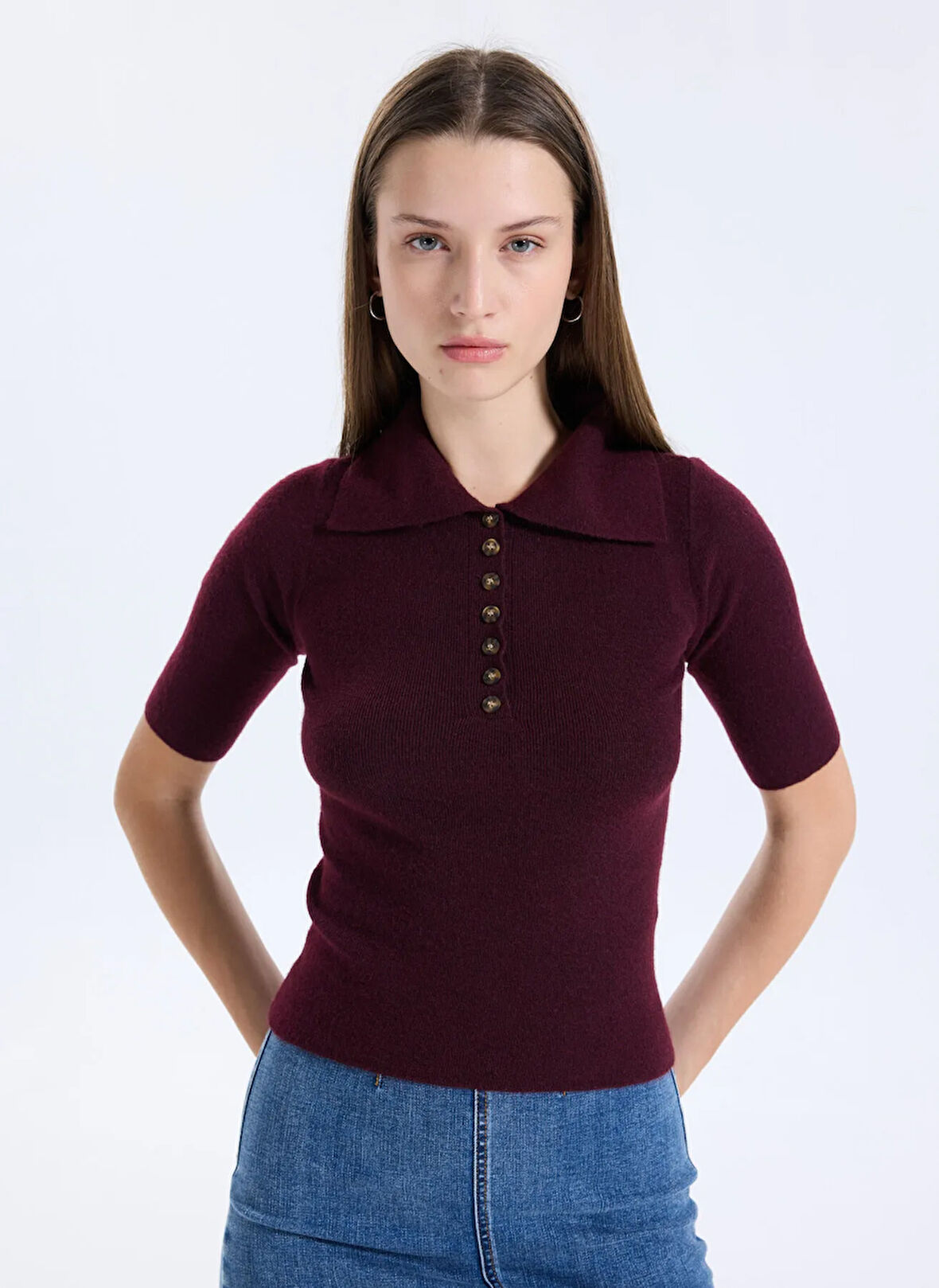 Vero Moda Polo Yaka Dar Bordo Kadın Kazak VMMARINA 2/4 POLONECK PULLOVER