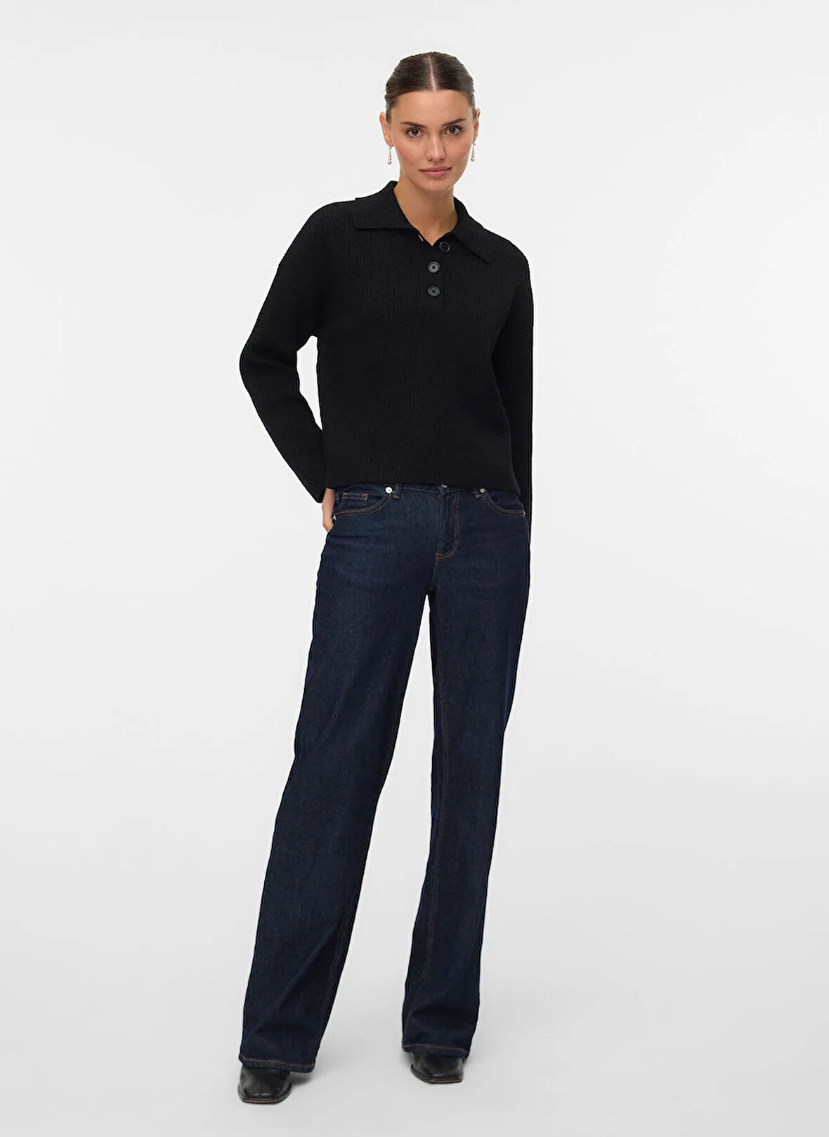 Vero Moda Polo Yaka Normal Siyah Kazak Kadın VMLUNA LS POLONECK SHORT PULLOVER B