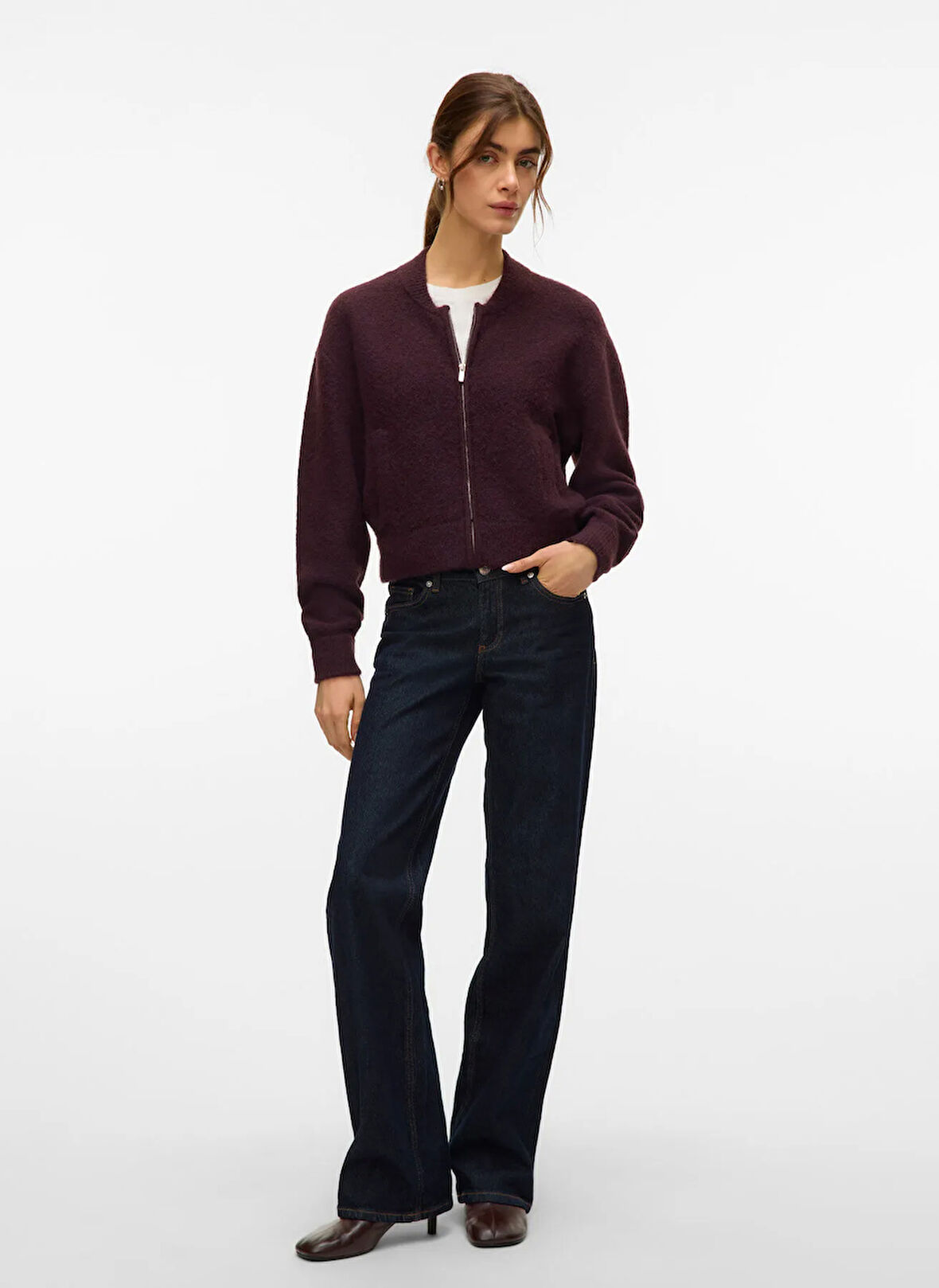 Vero Moda Fermuarlı Yaka Normal Bordo Kadın Kazak VMHANNA LS O-NECK ZIPPER CARDIGAN B