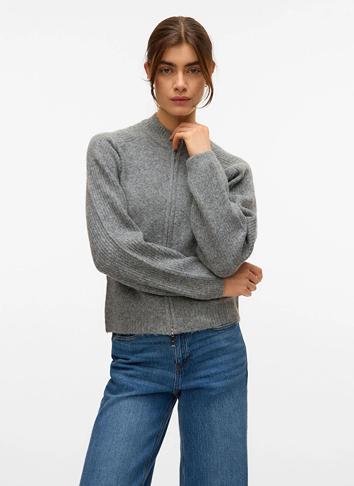 Vero Moda Fermuarlı Yaka Normal Gri Kazak Kadın VMBANG LS HIGH NECK ZIP CARDIGAN BO