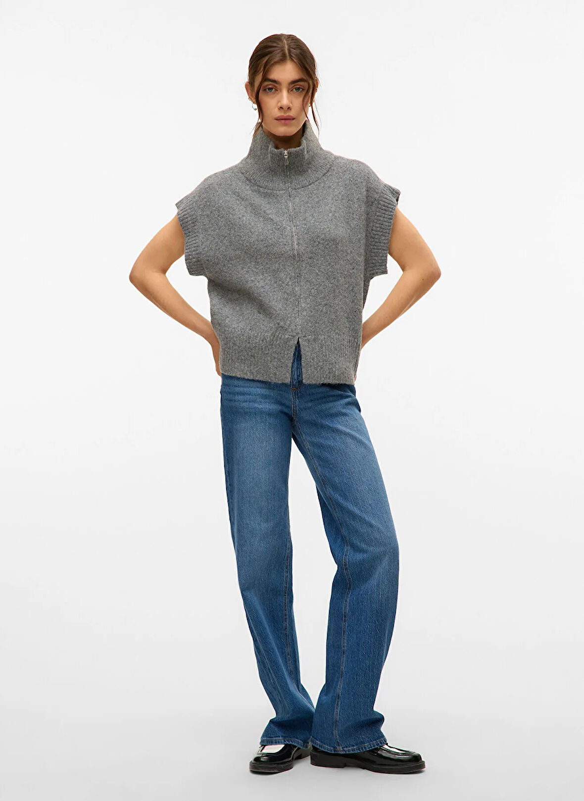Vero Moda Fermuarlı Yaka Normal Gri Kazak Kadın VMBANG SL HIGHNECK ZIPPER VEST BOO
