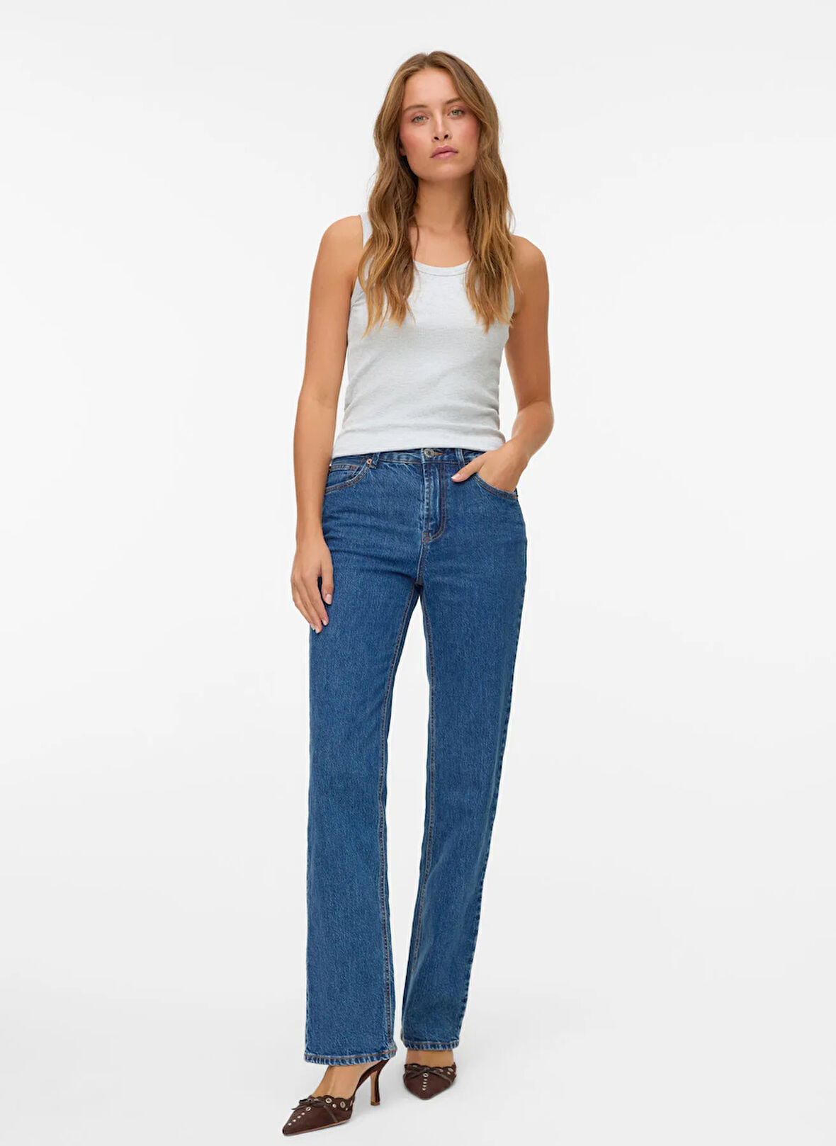 Vero Moda Yüksek Bel Düz Paça Düz Koyu Mavi Kadın Denim Pantolon VMTESSA HR STRAIGHT JEANS LI3310 GA