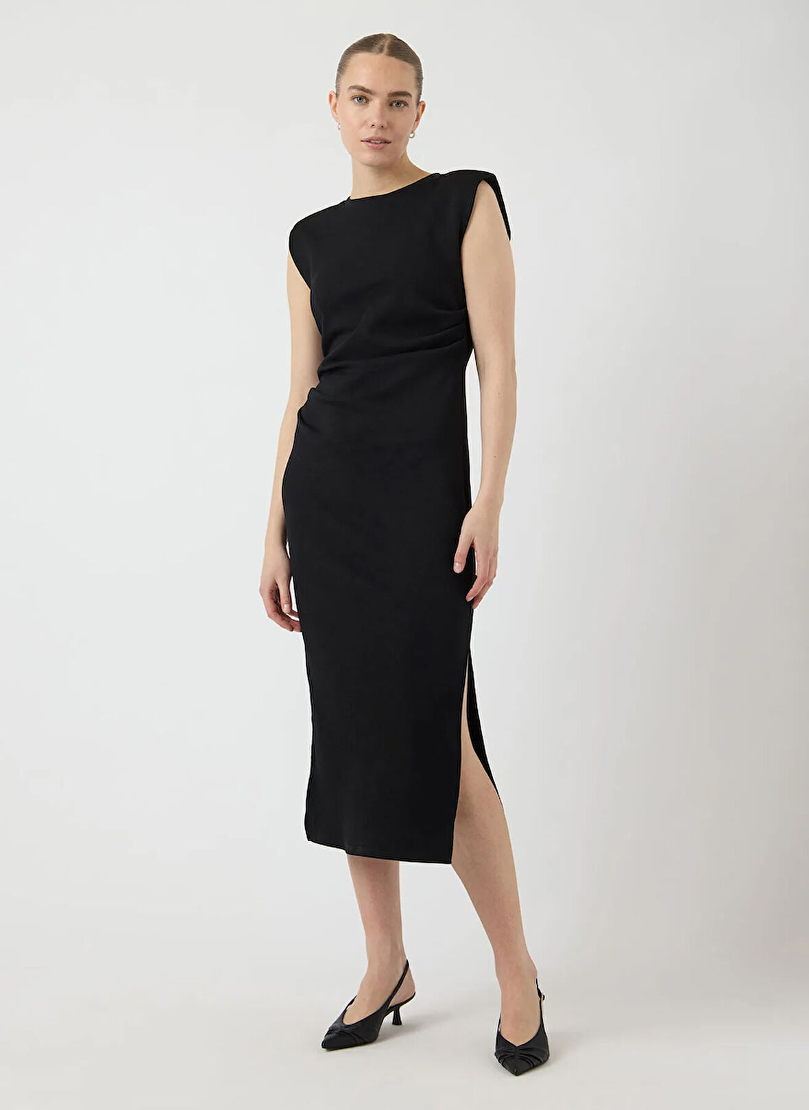 Yas Yuvarlak Yaka Düz Siyah Midi Kadın Elbise YASPINA SL LONG DRESS S.