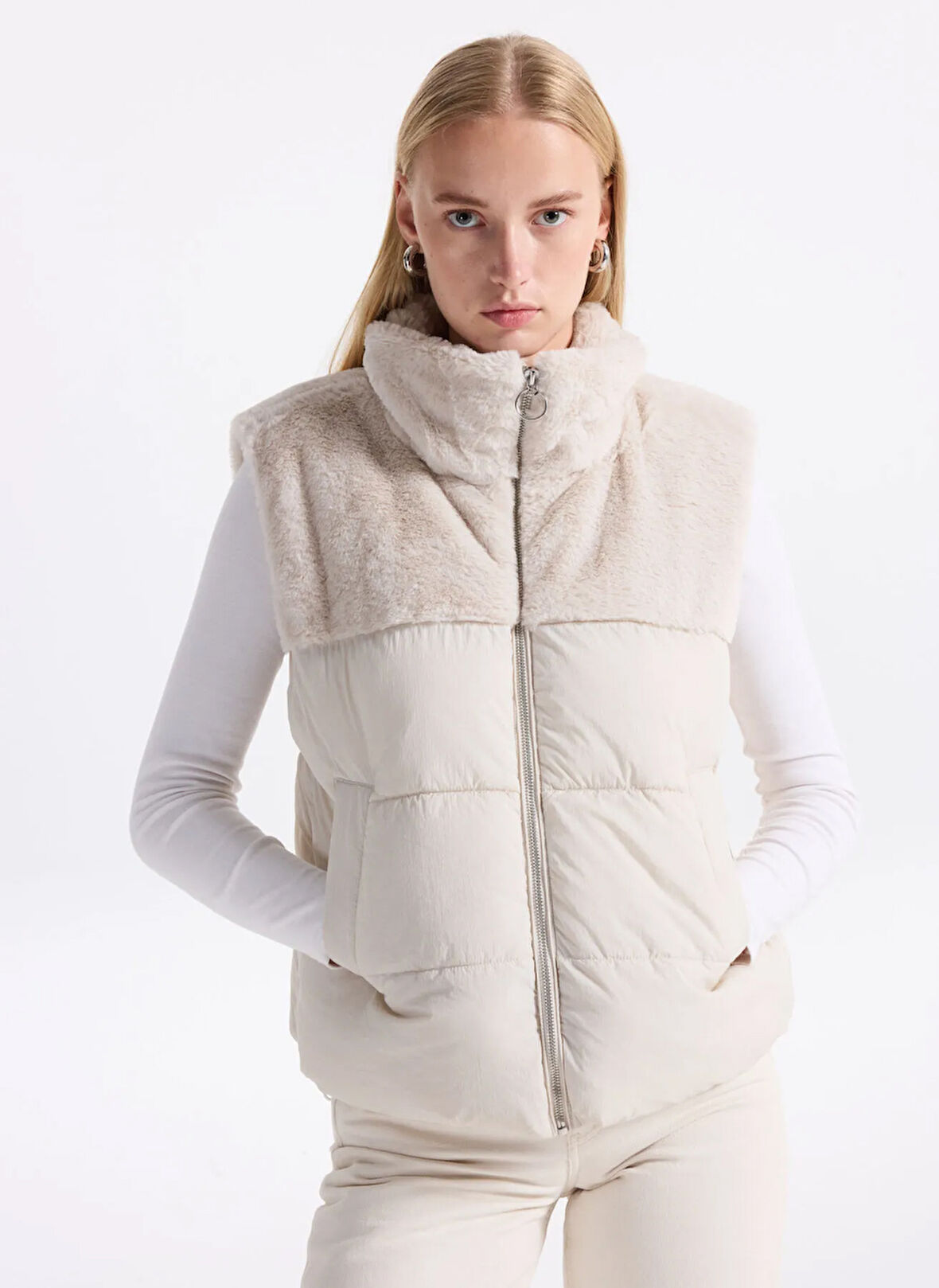 Only Krem Kadın Yelek ONLWANJA FUR PUFFER MIX WAISTCOAT C