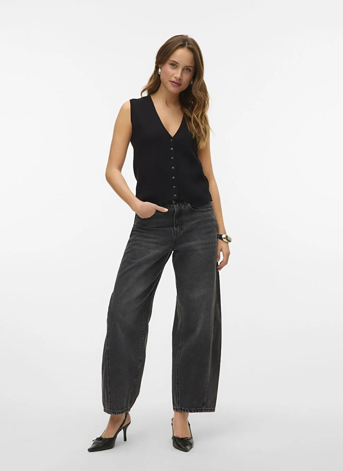 Vero Moda Yüksek Bel Düz Paça Normal Siyah Kadın Denim Pantolon VMZELDA HR BARREL DENIM JEANS MIX