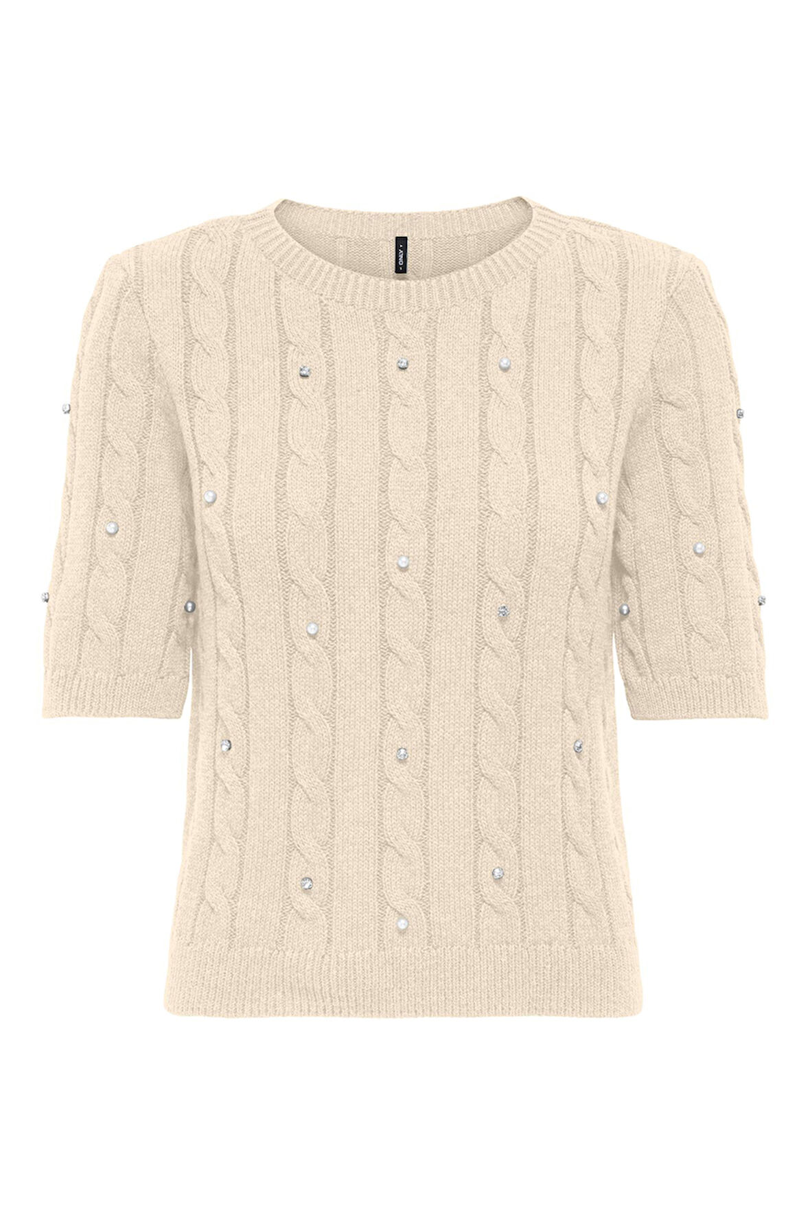 Only Kadın Onlsussı İnci ve Taş Süslemeli Kısa Kollu Örme Kazak 15352067 Ekru