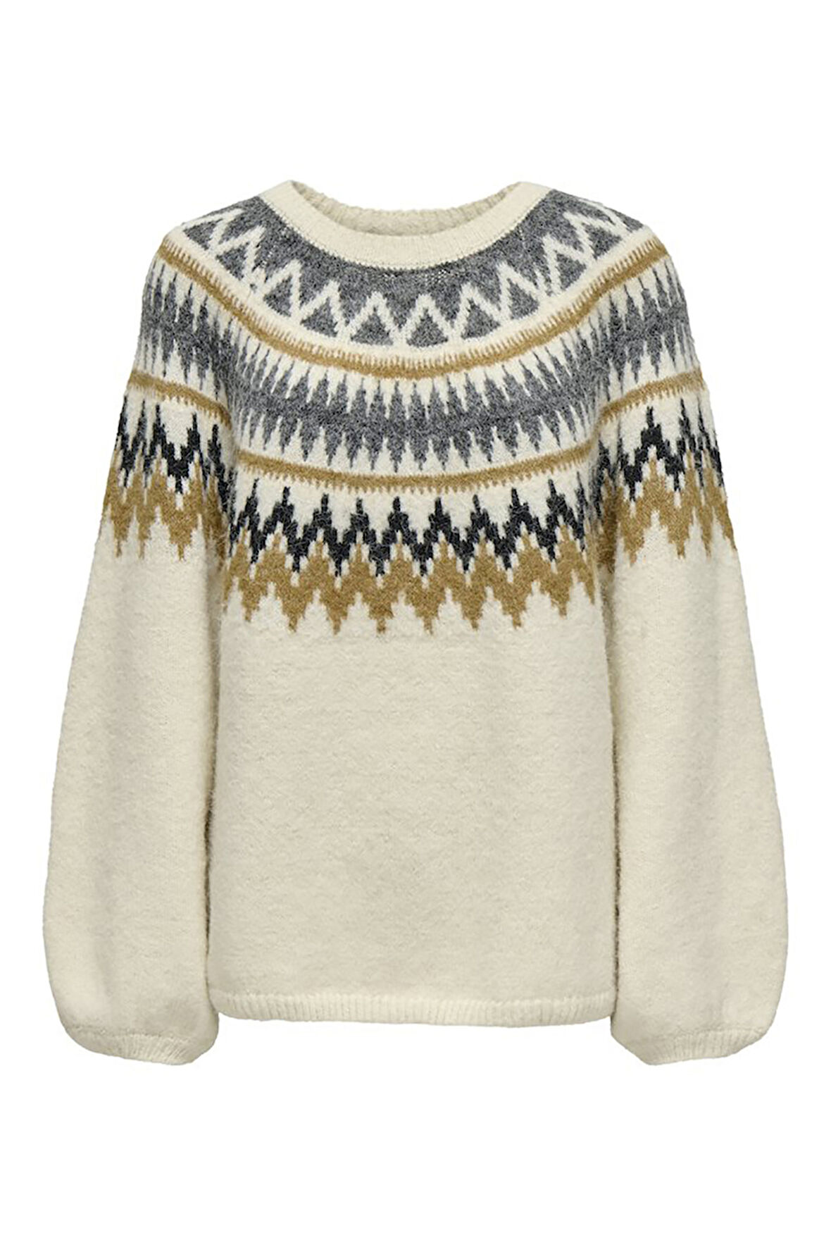 Only Kadın Onlreykja Desenli Sıfır Yaka Yünlü Kazak 15353221 Ekru