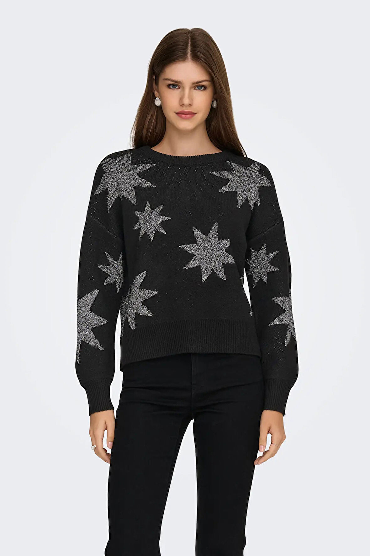 Only Kadın Onlrosıe Yıldız Desenli Bisiklet Yaka Örme Kazak 15328250 Siyah