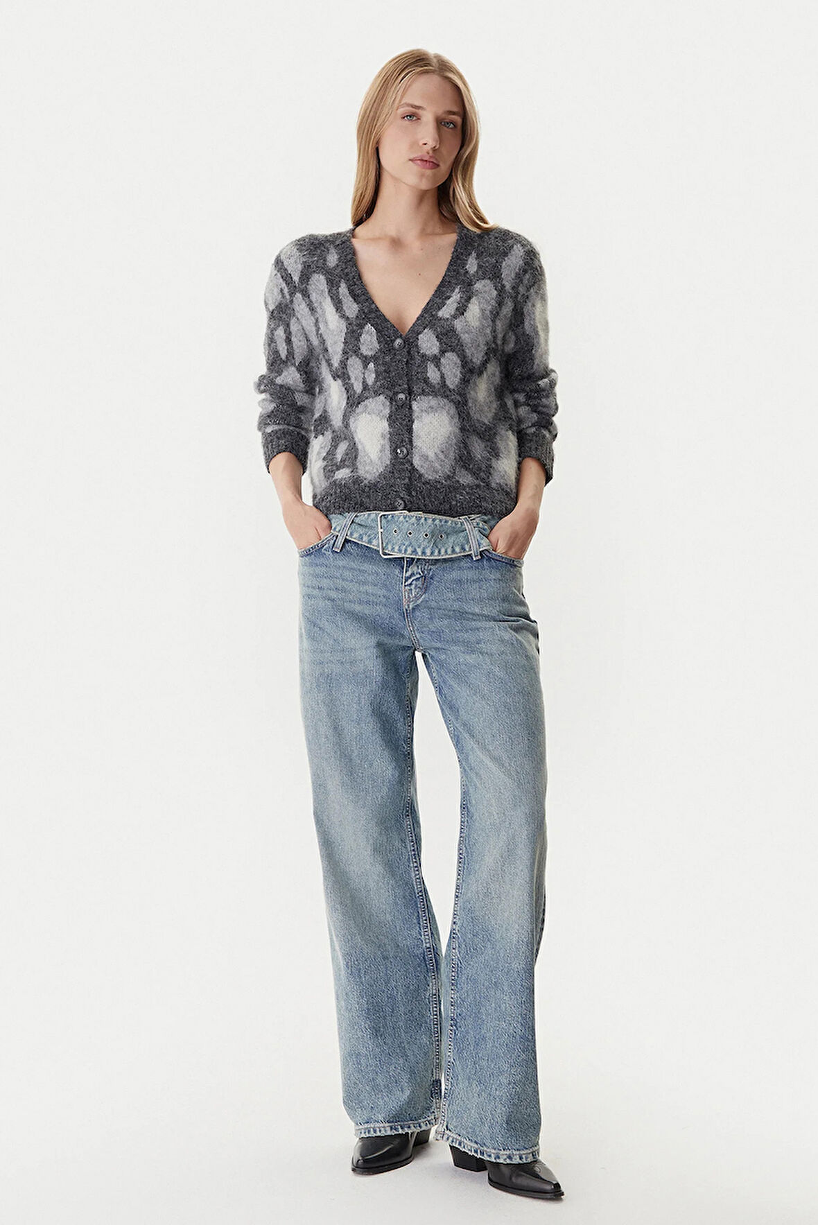 Only Kadın Onledelıe V Yaka Desenli Yün Hırka 15353090 Gri