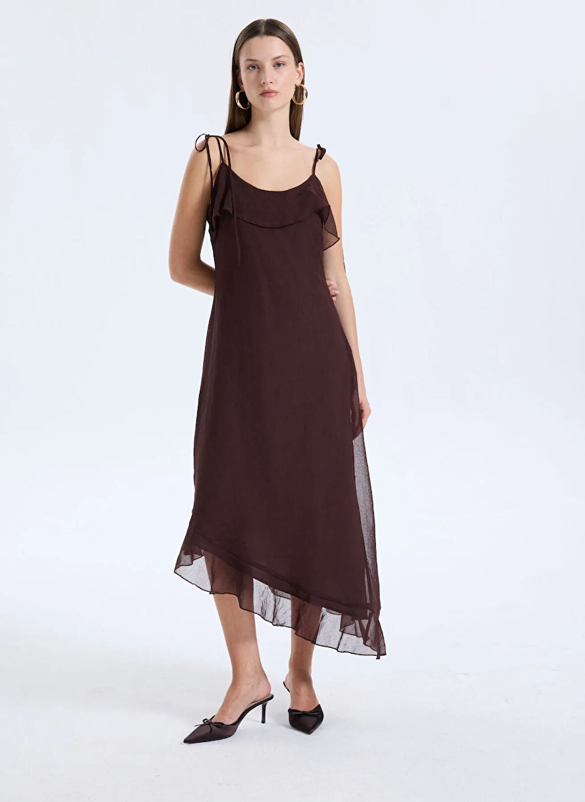 Vero Moda U Yaka Düz Kahve Diz Altı Kadın Elbise VMSABRINA BLK SCRF FLOUNCE DRESS WV