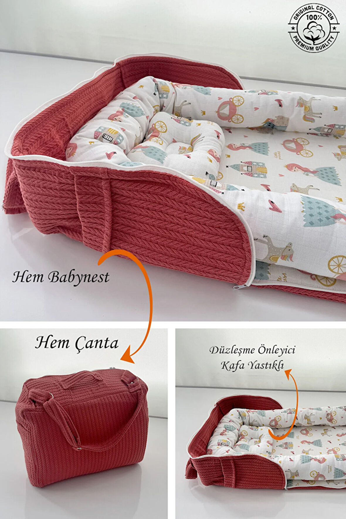 Çantalı Babynest Taşınabilir Anne Yanı Müslin Prenses Örgü Pike Babynest