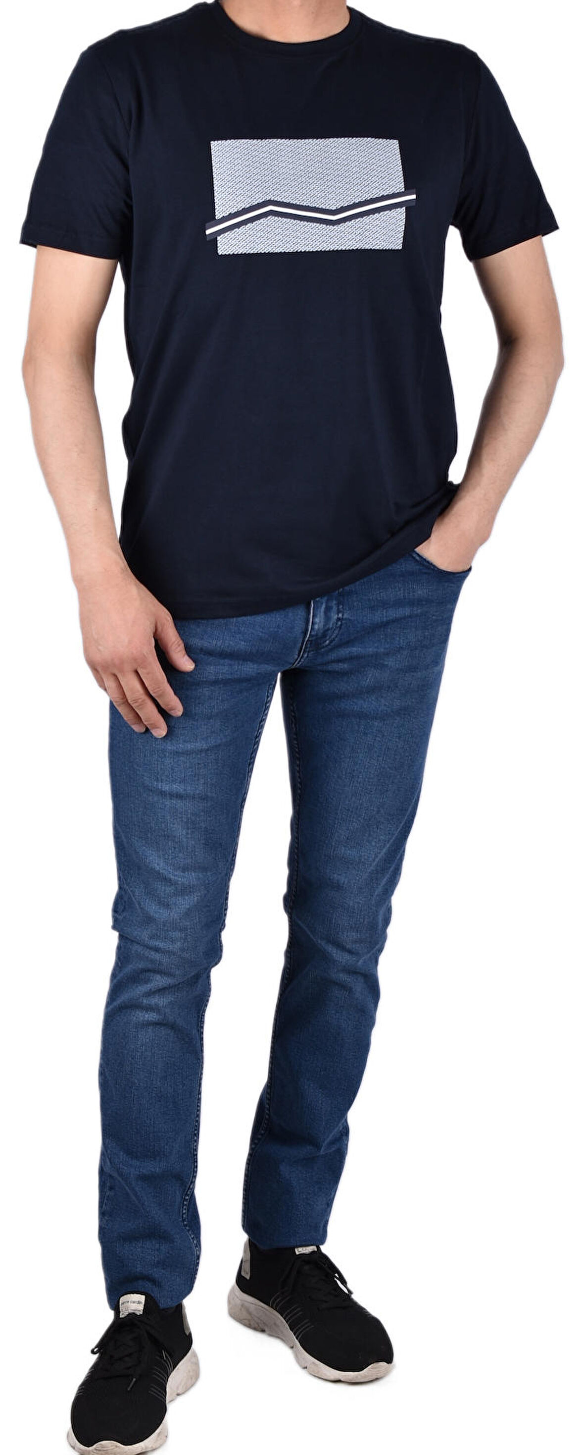 RYM-8370 BİSİKLET YAKA DESENLİ TİŞÖRT/LACİVERT/L
