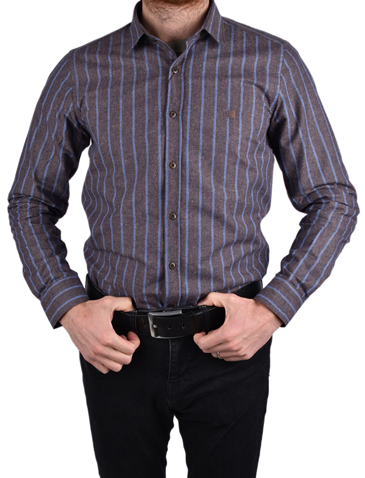 BRG-12917 SLİMFİT ÇİZGİLİ GÖMLEK/KAHVERENGİ/2XL