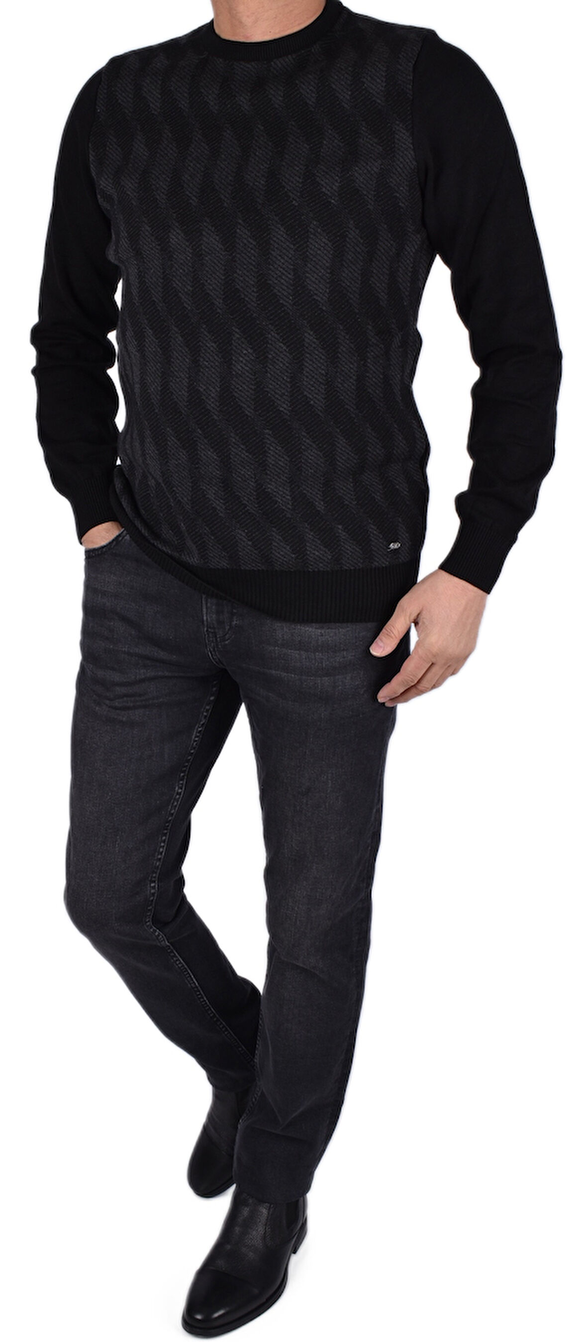BRG-21174 BİSİKLET YAKA DESENLİ KAZAK/SİYAH/XL