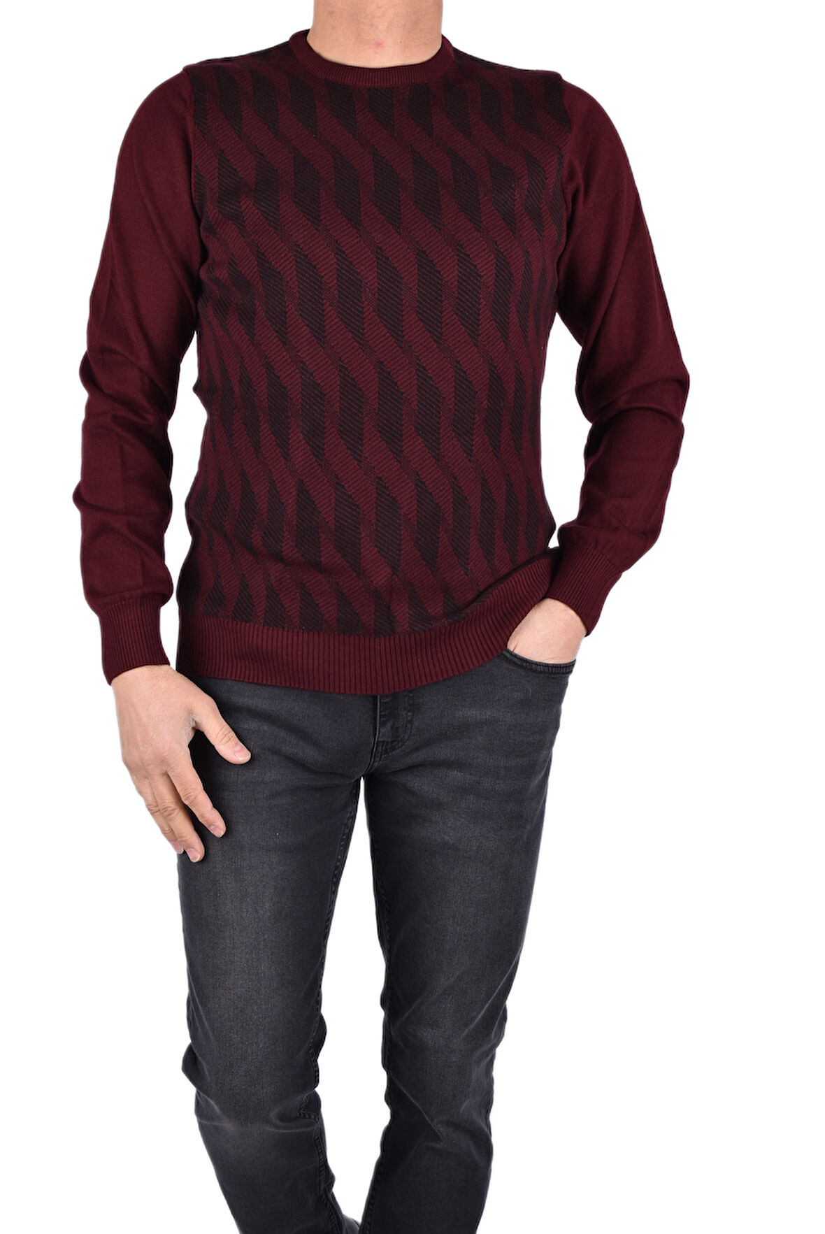 BRG-21174 BİSİKLET YAKA DESENLİ KAZAK/BORDO/3XL