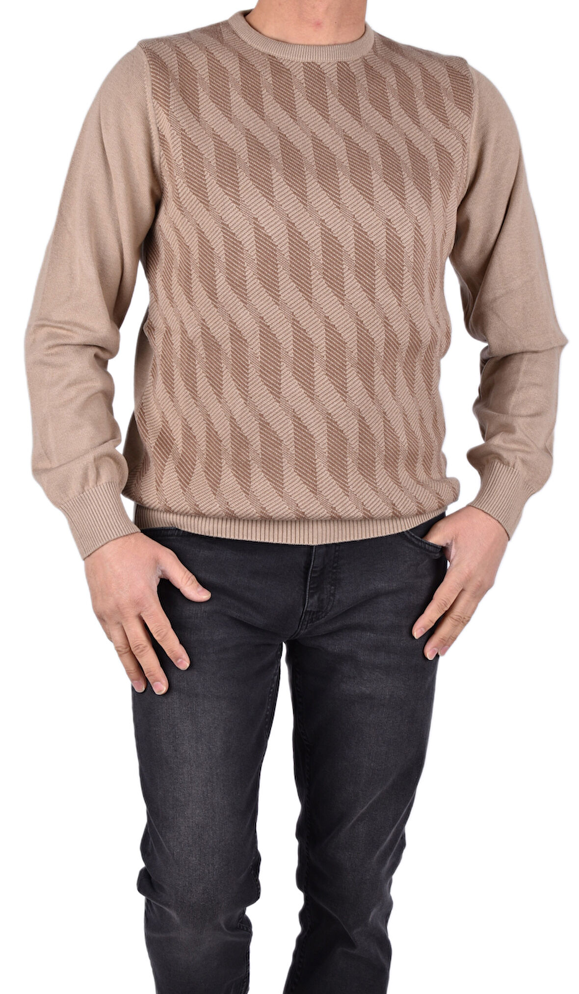 BRG-21174 BİSİKLET YAKA DESENLİ KAZAK/VİZON/2XL