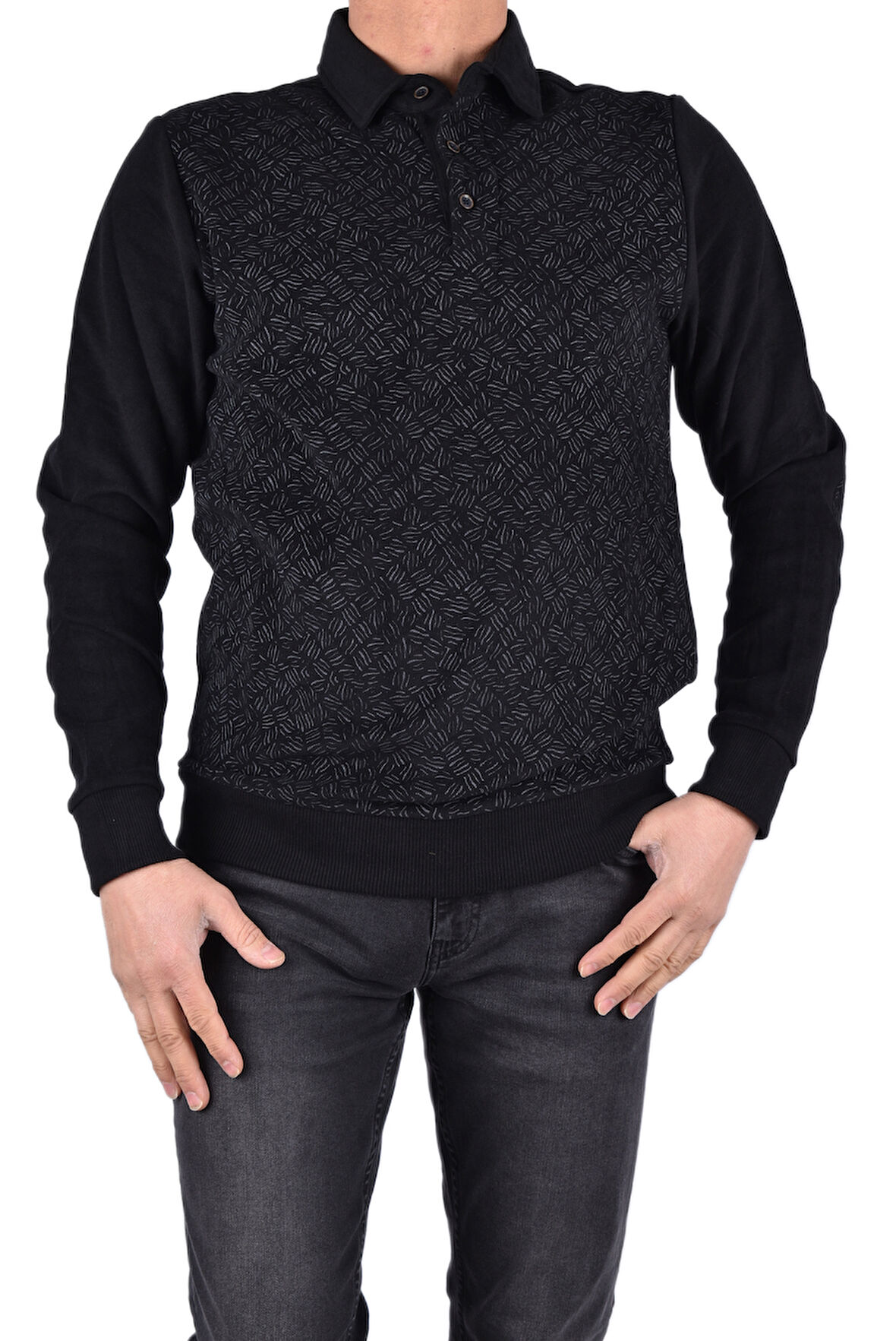 BRG-95010 POLO YAKA DESENLİ SWEAT/SİYAH/L