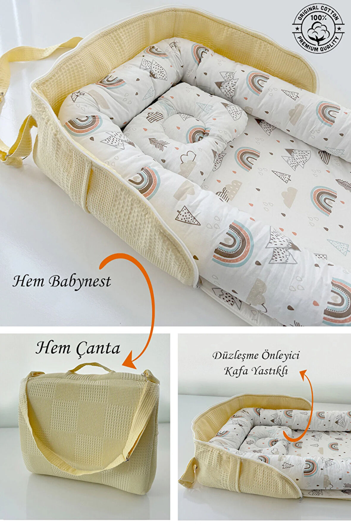 Sarı Çantalı Babynest Anne Yanı Taşınabilir Babynest Otelde, Seyehatte, Araçta Her yere Taşınabilir.