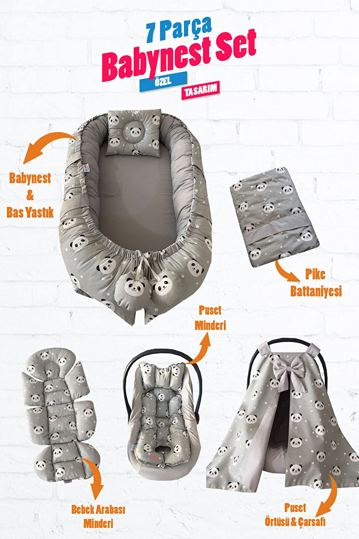 Babynest Gri Panda 7 Parça Lüx Babynest Ve Puset Örtüsü Set %100 Pamuklu Kumaş