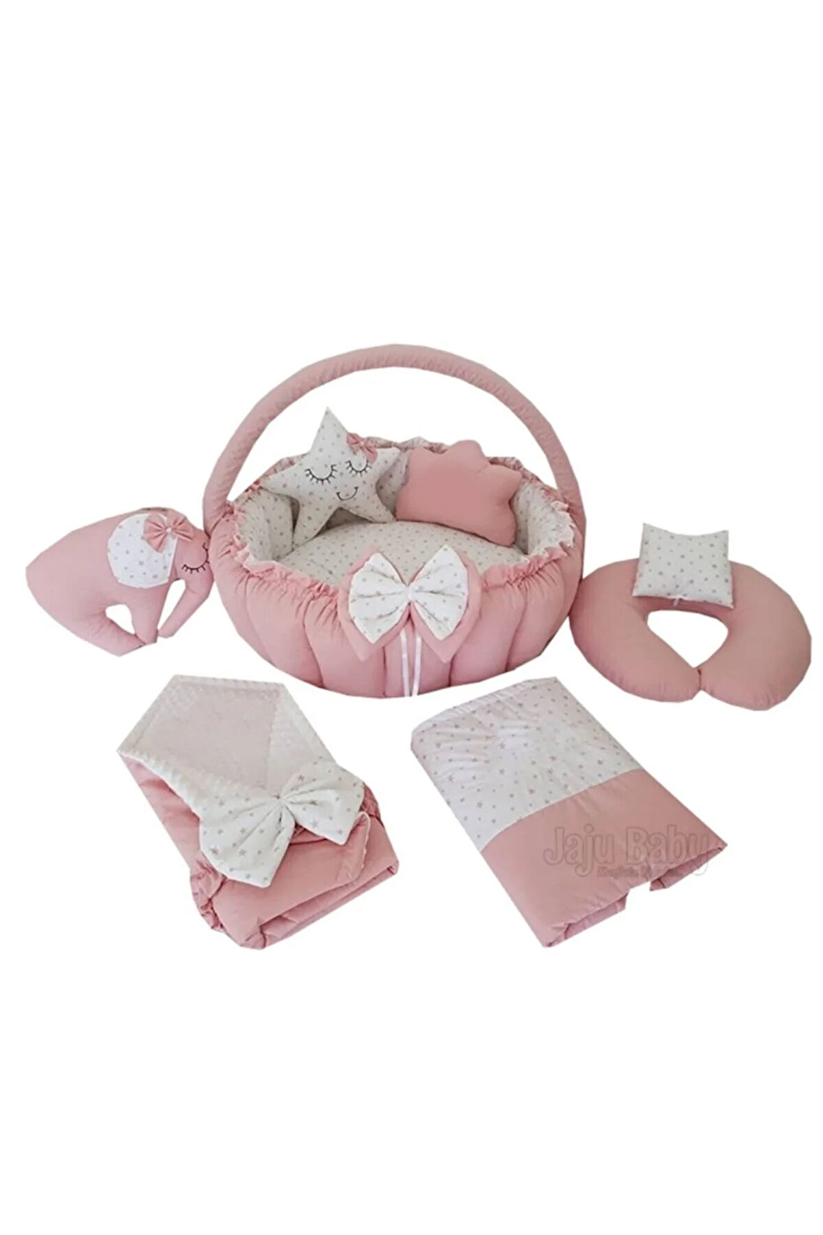 Nest Düz Pudra Tasarım Lüx Oyun Minderi Jaju-babynest Anne Yanı Bebek Yatağı 8 Parça Set