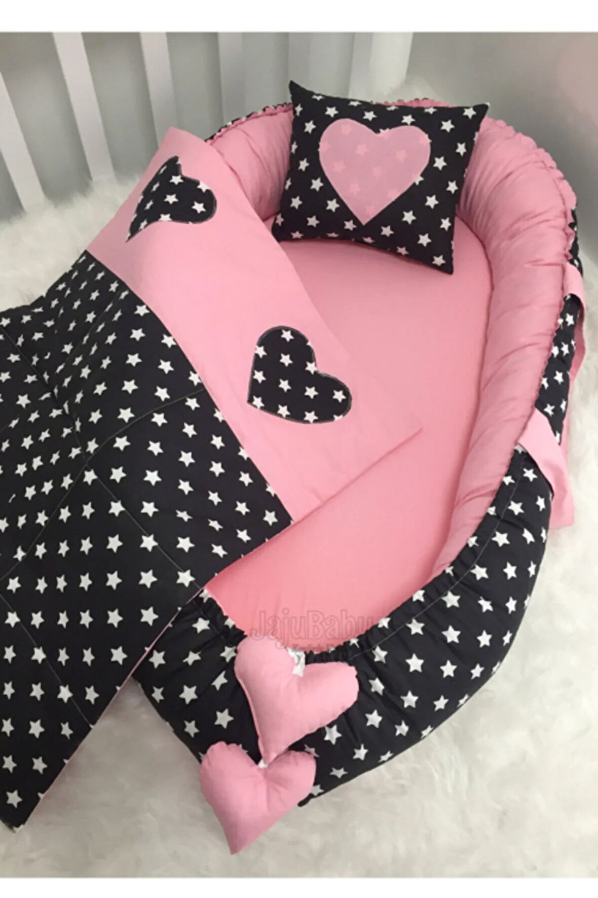 Nest Siyah Yıldızlı Pembe Kombin Lüx Jaju-babynest Anne Yanı Bebek Yatağı 3'lü Set