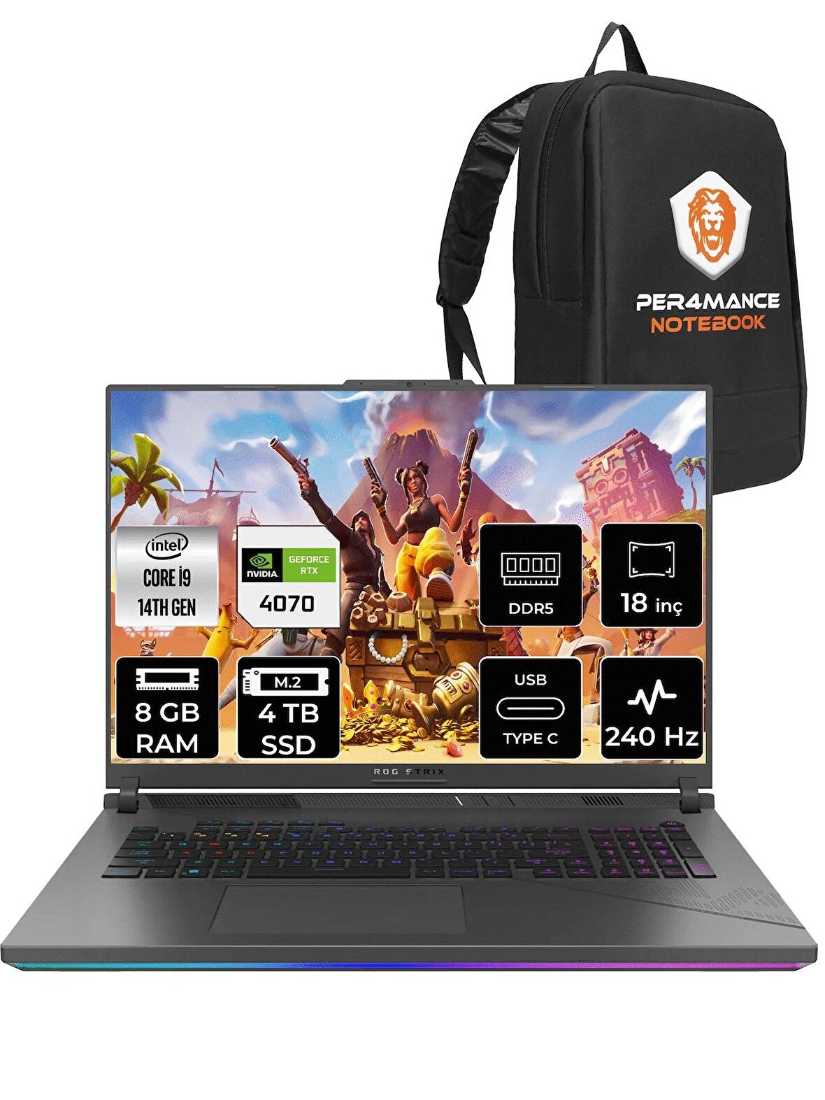 ASUS ROG Strix G18 i9-14900HX 8GB 4TB SSD RTX4070/8GB 240Hz 18" WQXGA FDOS N6062 & PER4 ÇANTA