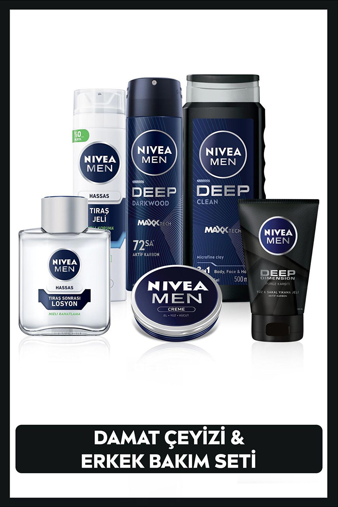 Nivea MEN Erkek Damat Seti, Duş Jeli 500ml, Deodorant, Yüz Yıkama Jeli100ml, Tıraş Jeli, Losyon100ml,Creme