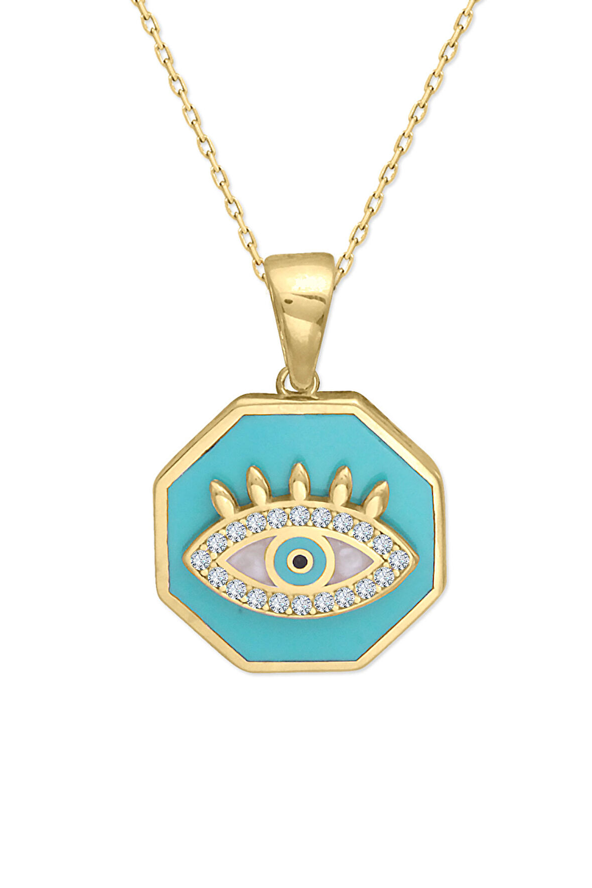 Mavi Mineli Sekizgen Altın Göz Kolye