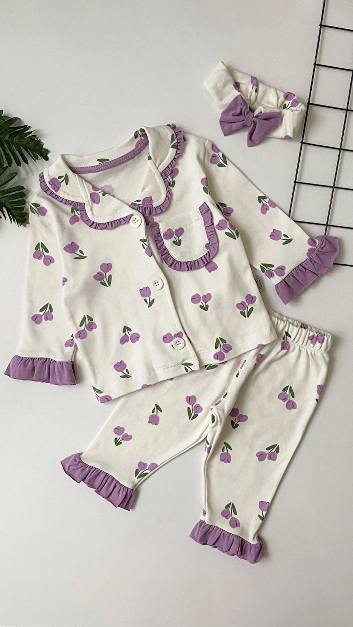 Lale desenli %100 Pamuk kız bebek pijama takımı