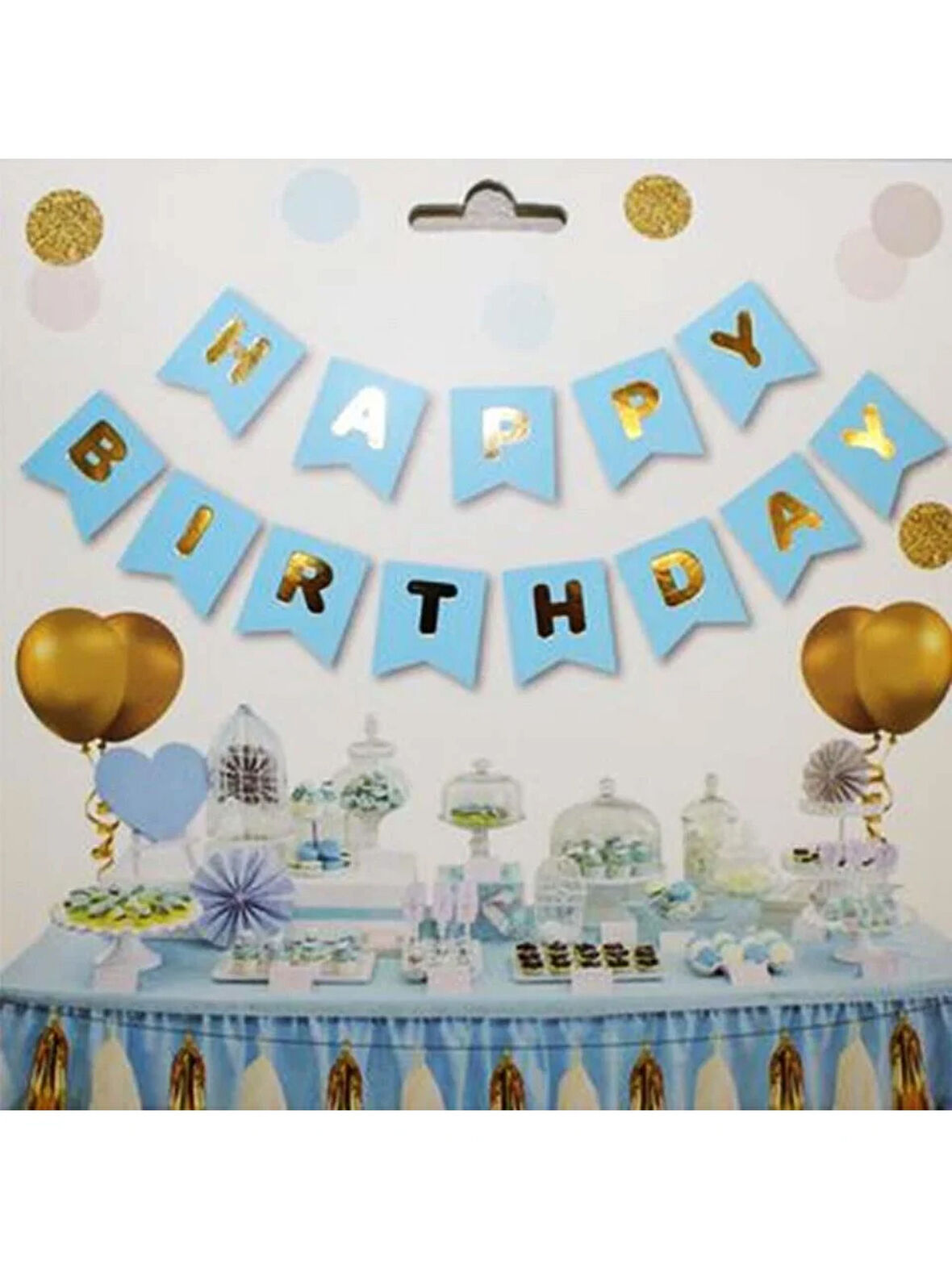 Happy Birthday Banner Mavi Renk Zemin üstüne yazısı Gold-Altın Varaklı Lüks Karton Doğum Günü Yazısı Flama