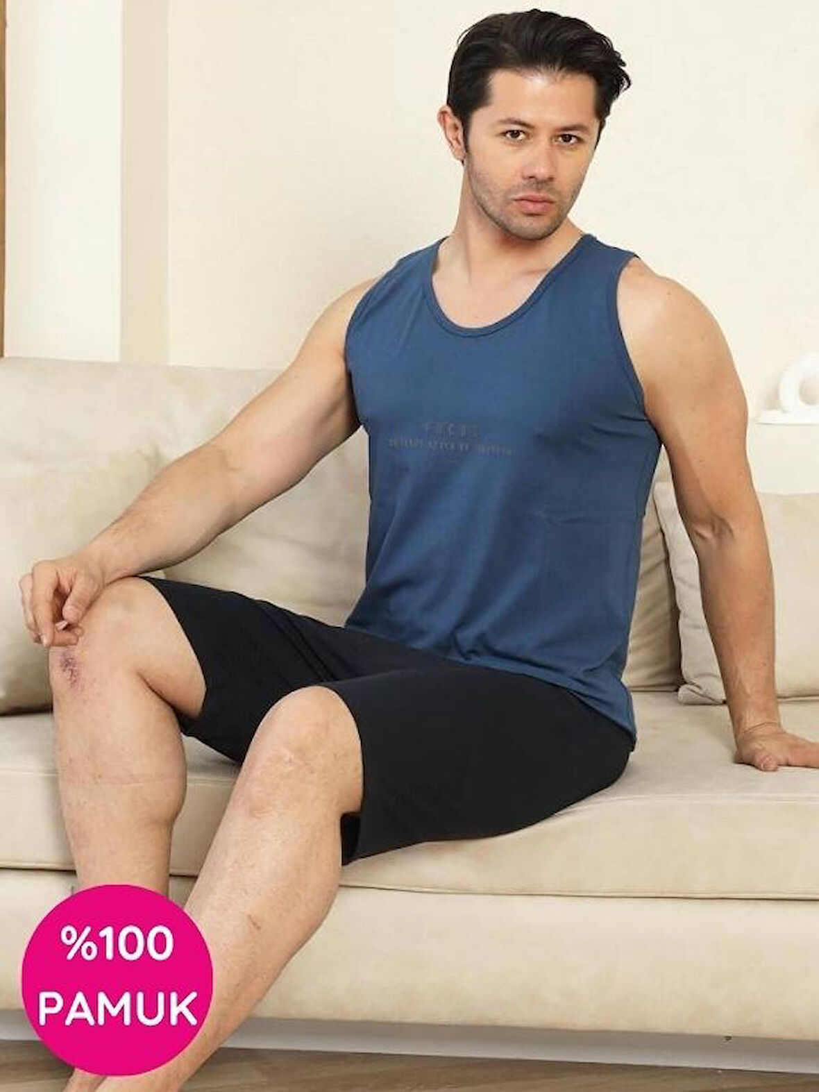 Erkek Bisiklet Yaka Düğmesiz %100 Pamuk Atlet Sporcu Kol Cepli Şortlu Pijama Takımı